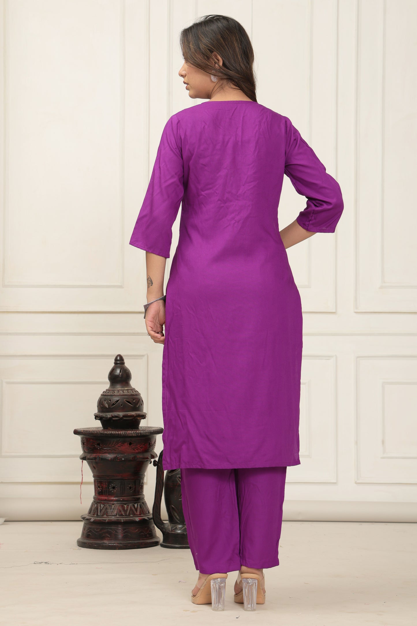 Gulbagh Purple Rayon Kurti Set with Hand Embroidery & Brush Painted Floral Art