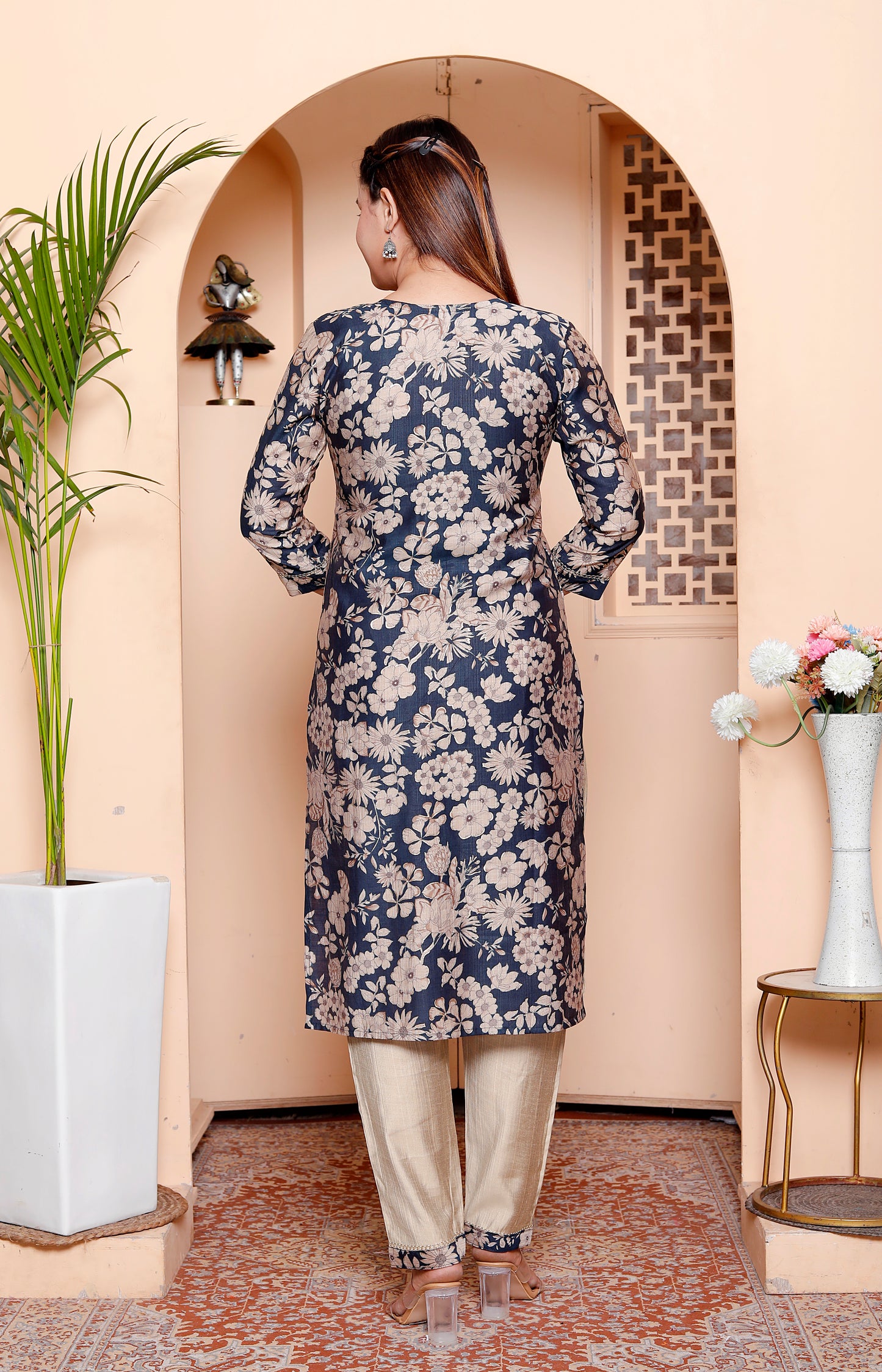 Elegant Navy Blue & Beige Floral Print Straight Kurta Set with Chiffon Dupatta