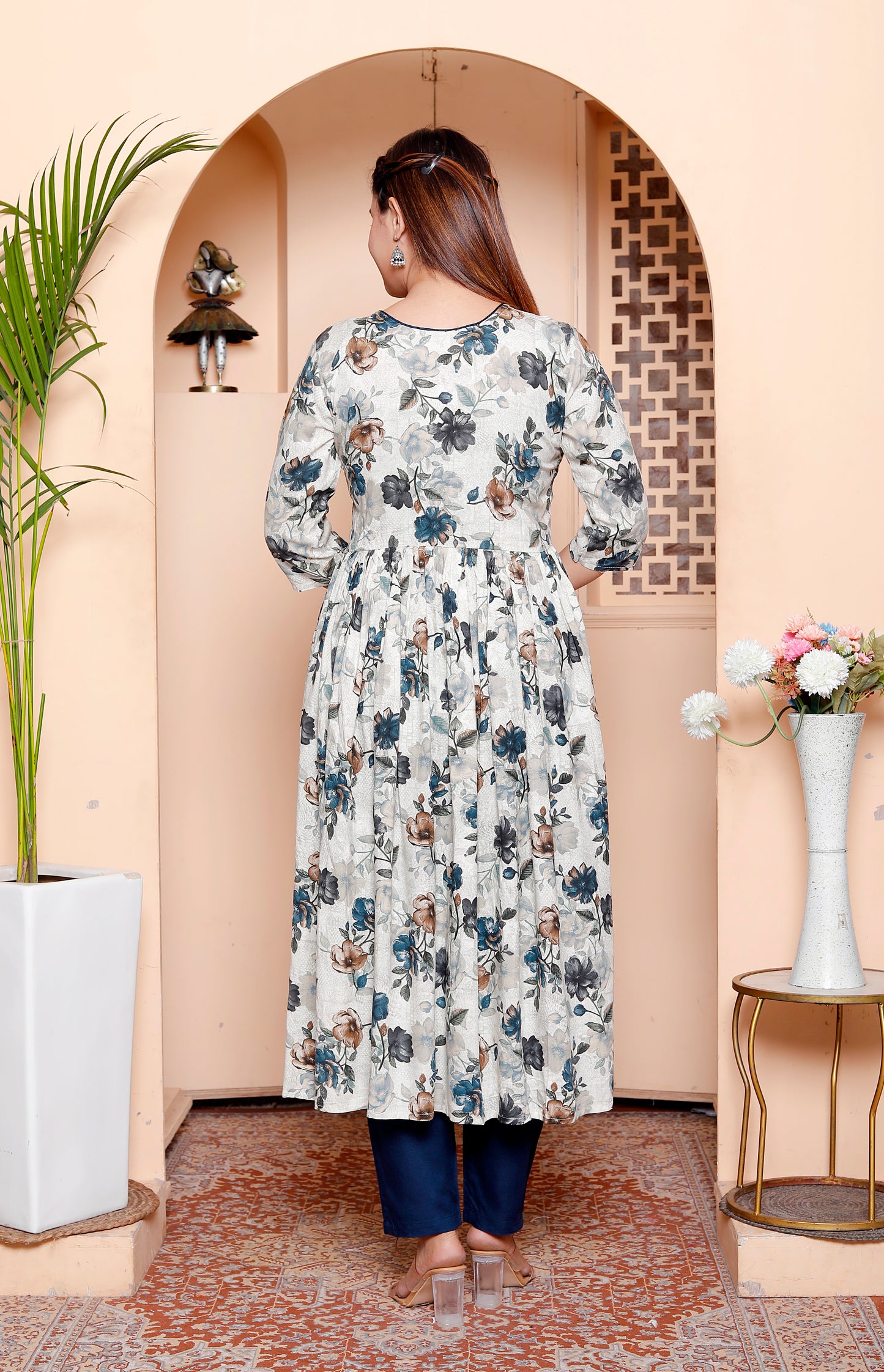 Rayon Floral Print Angrakha Anarkali Kurta Set with Dupatta & Solid Pants