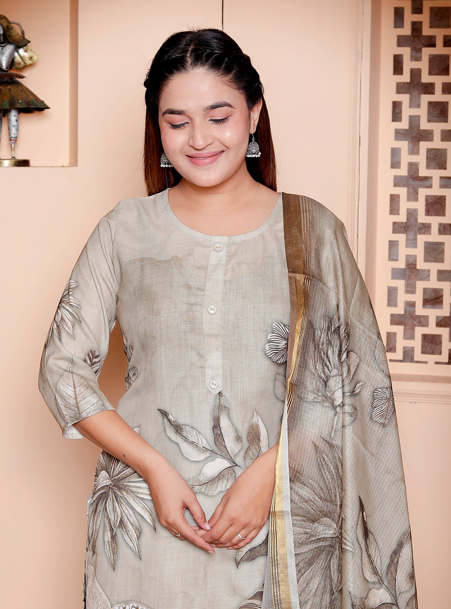 Green Cotton Placement Print Kurta Set