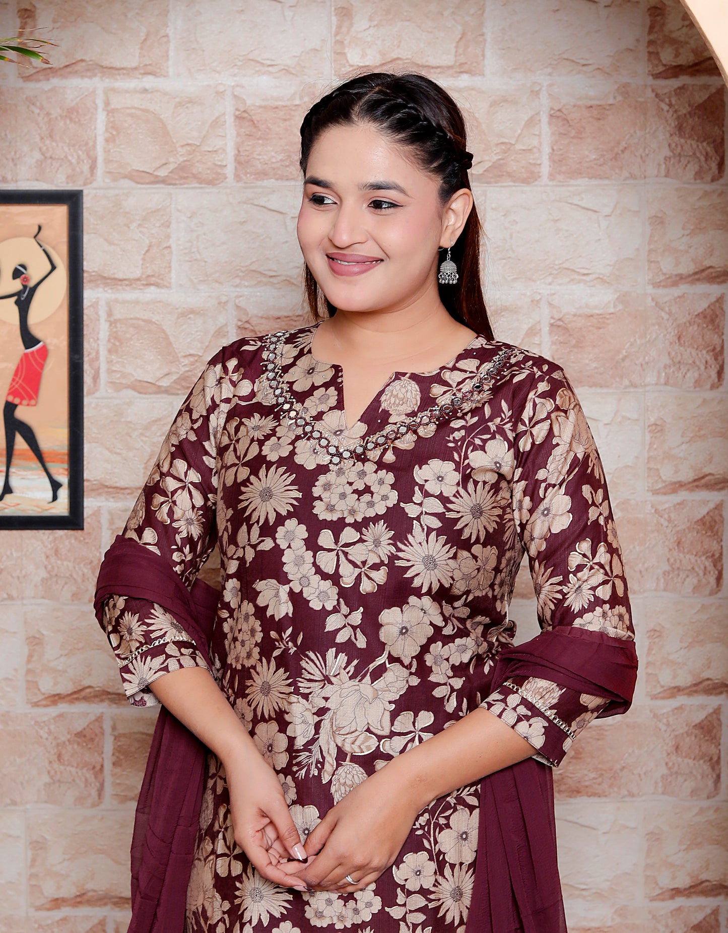 Elegant Navy Maroon & Beige Floral Print Straight Kurta Set with Chiffon Dupatta