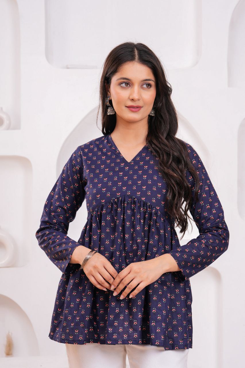 Cotton Charm Navy Printed Peplum Top