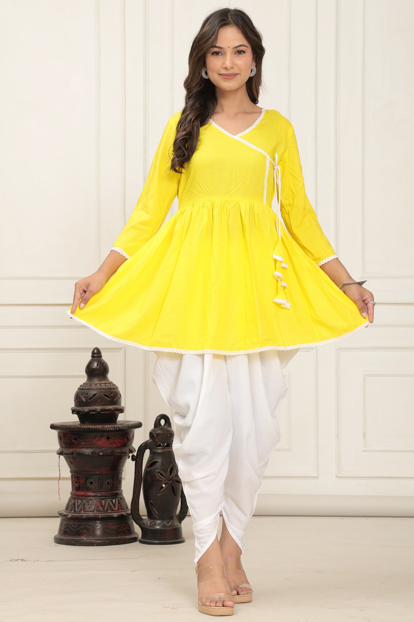 Womens Solid V-Neck Angrakha style solid Dhoti kurta set