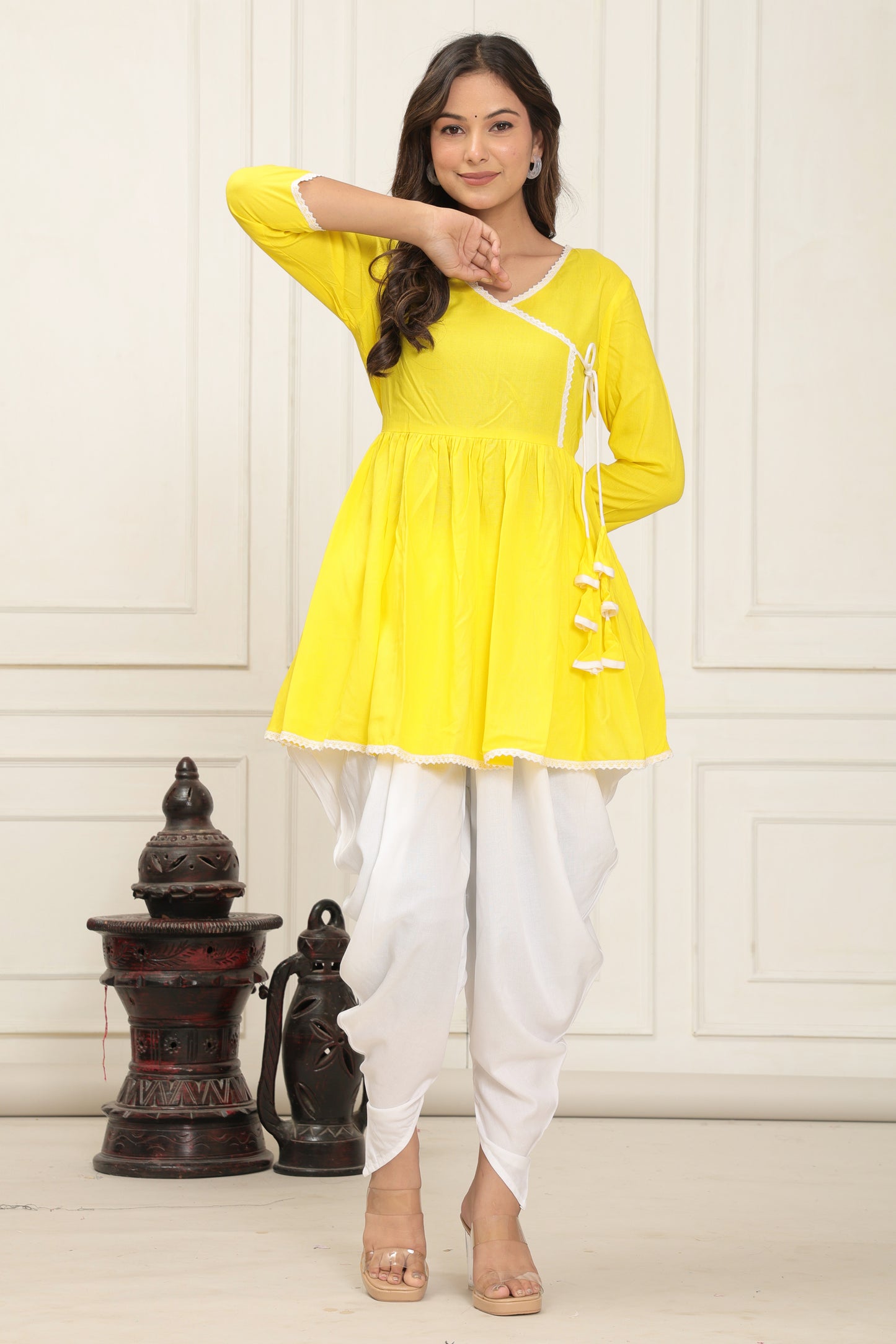 Womens Solid V-Neck Angrakha style solid Dhoti kurta set