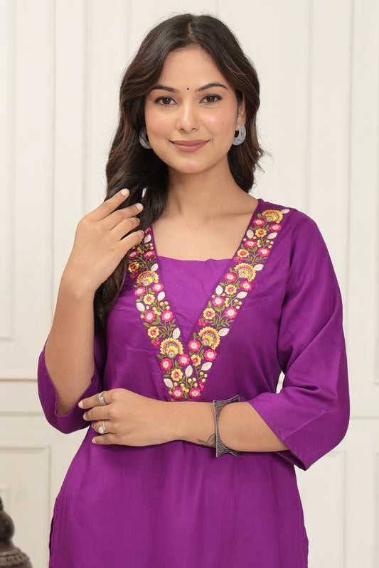 Gulbagh Purple Rayon Kurti Set with Hand Embroidery & Brush Painted Floral Art