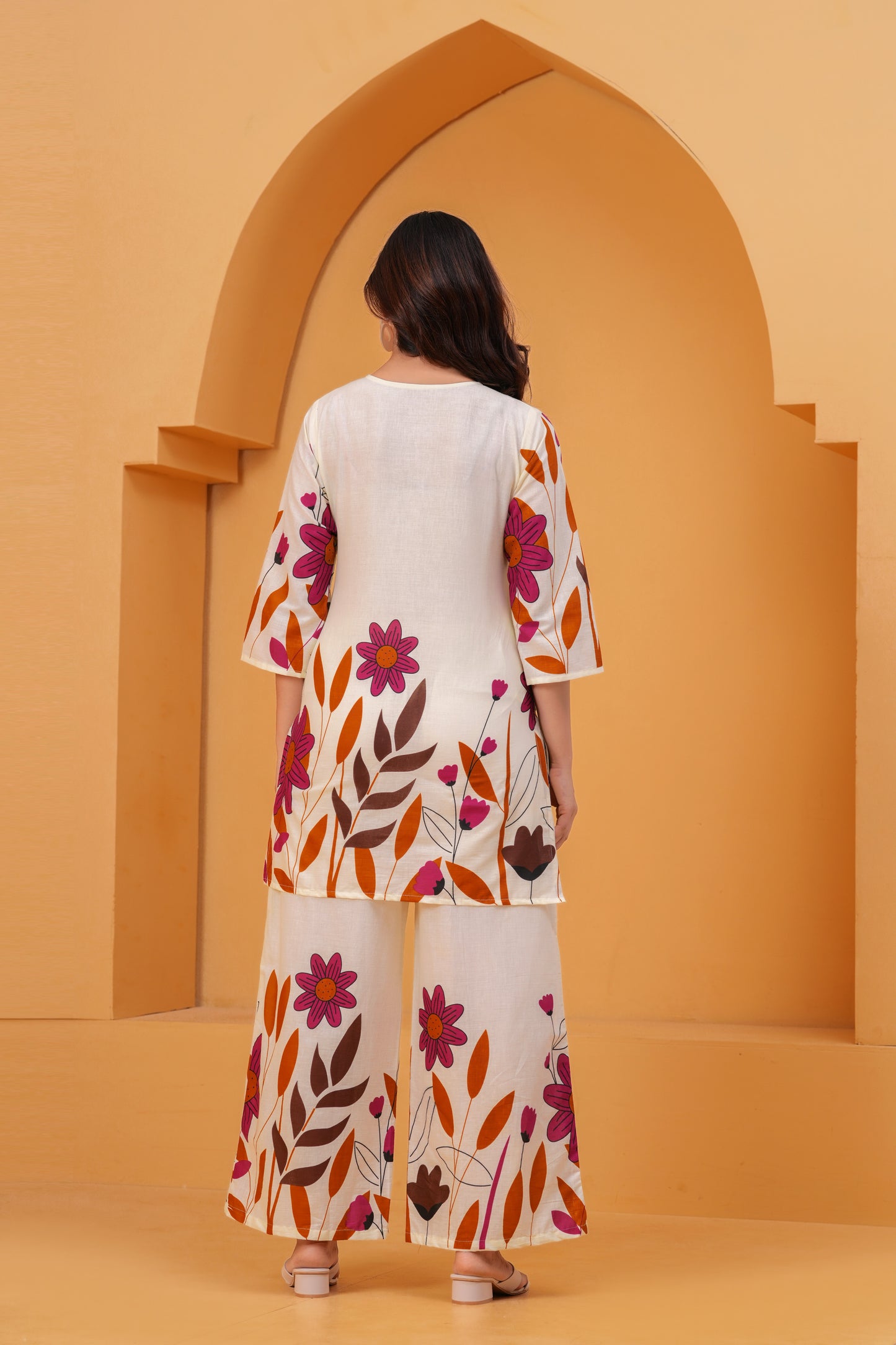 Ivory & Floral Printed Cotton Co-ord Set with Wide-Leg Pants