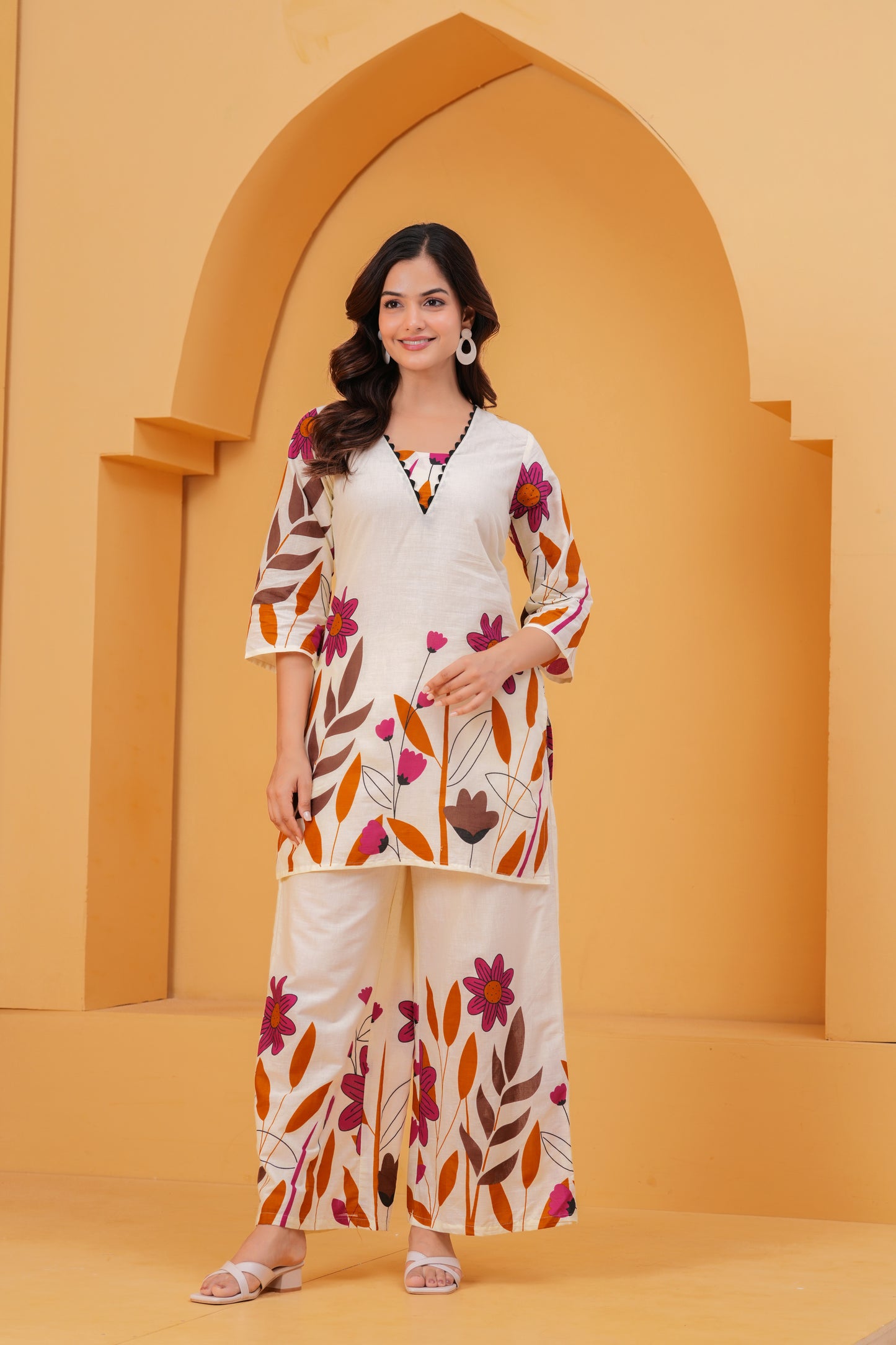 Ivory & Floral Printed Cotton Co-ord Set with Wide-Leg Pants