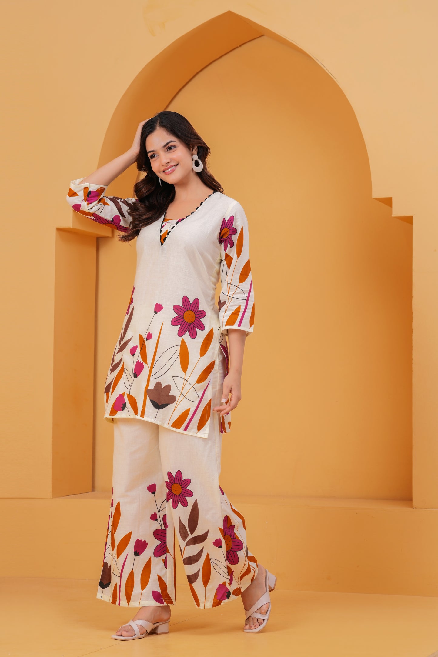 Ivory & Floral Printed Cotton Co-ord Set with Wide-Leg Pants