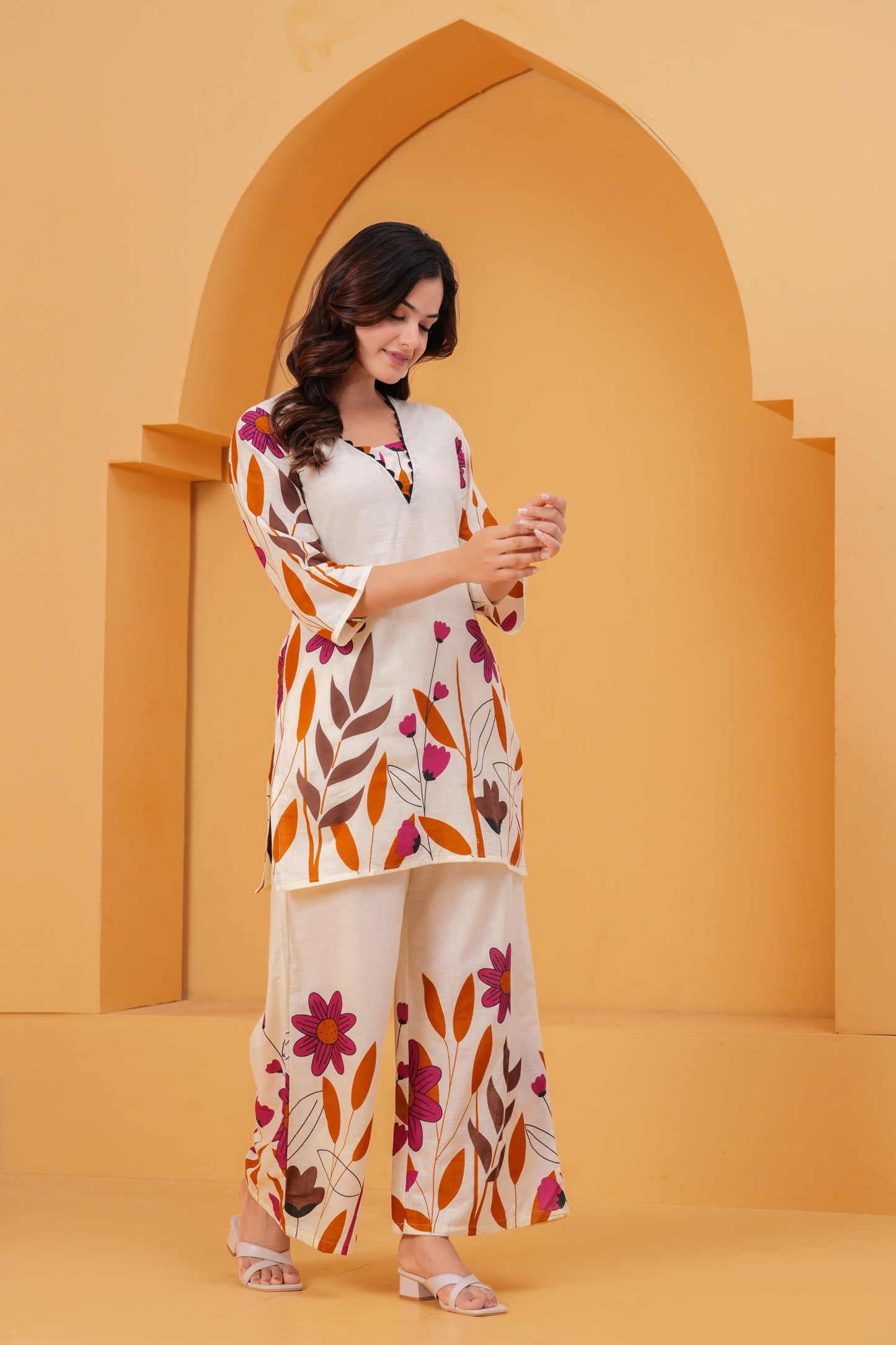 Ivory & Floral Printed Cotton Co-ord Set with Wide-Leg Pants