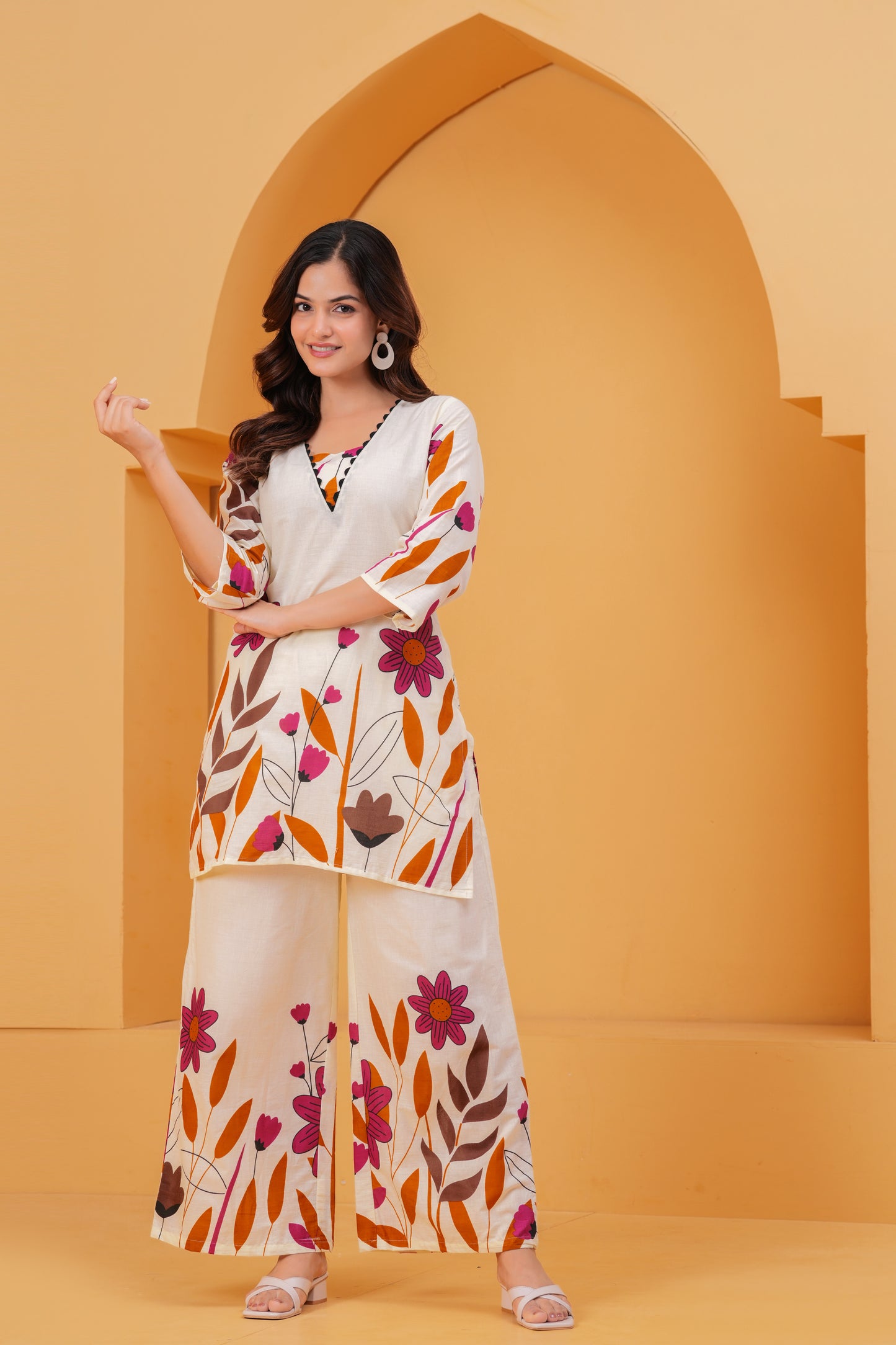 Ivory & Floral Printed Cotton Co-ord Set with Wide-Leg Pants