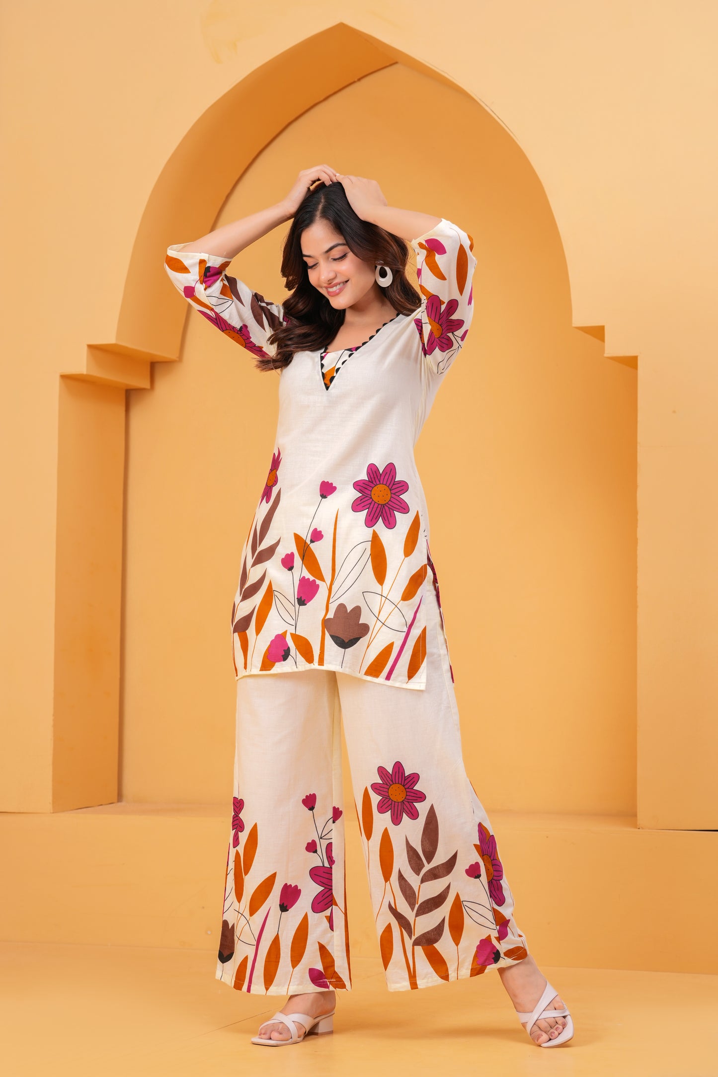 Ivory & Floral Printed Cotton Co-ord Set with Wide-Leg Pants