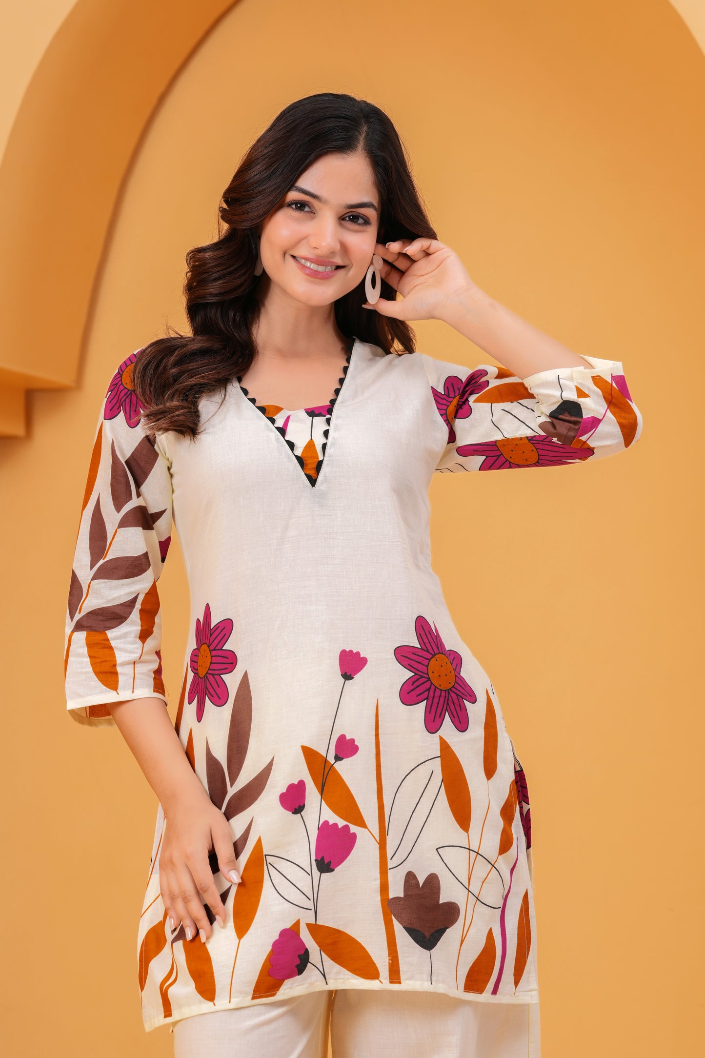 Ivory & Floral Printed Cotton Co-ord Set with Wide-Leg Pants