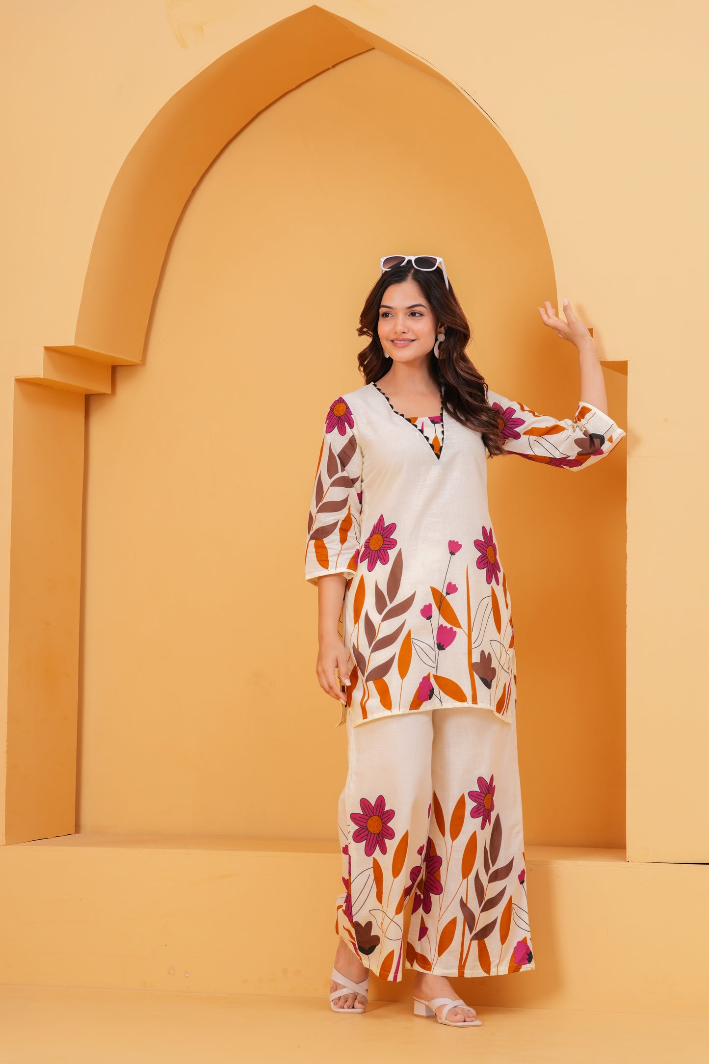 Ivory & Floral Printed Cotton Co-ord Set with Wide-Leg Pants