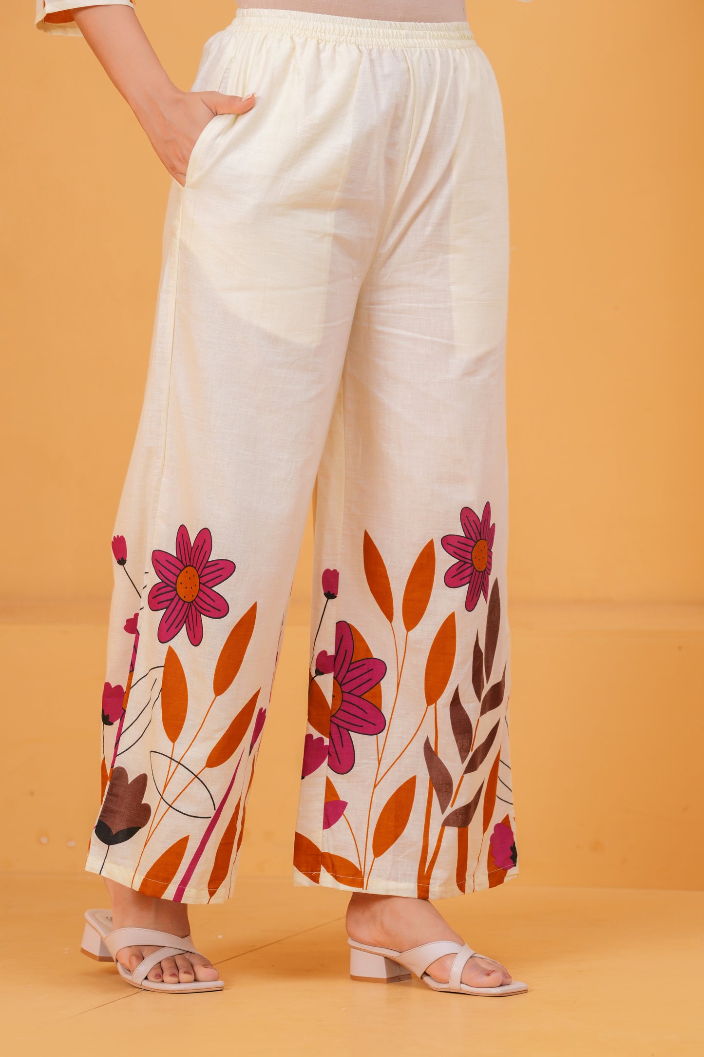 Ivory & Floral Printed Cotton Co-ord Set with Wide-Leg Pants