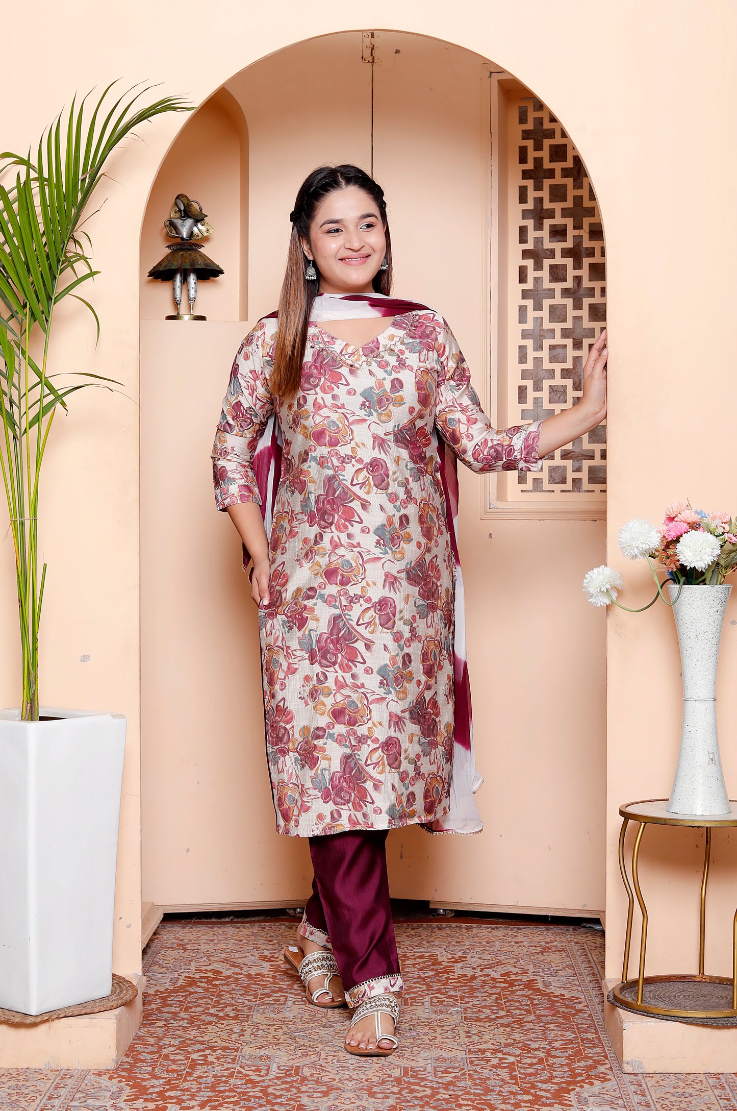 Vibrant Maroon Embellished Handwork Suit Set