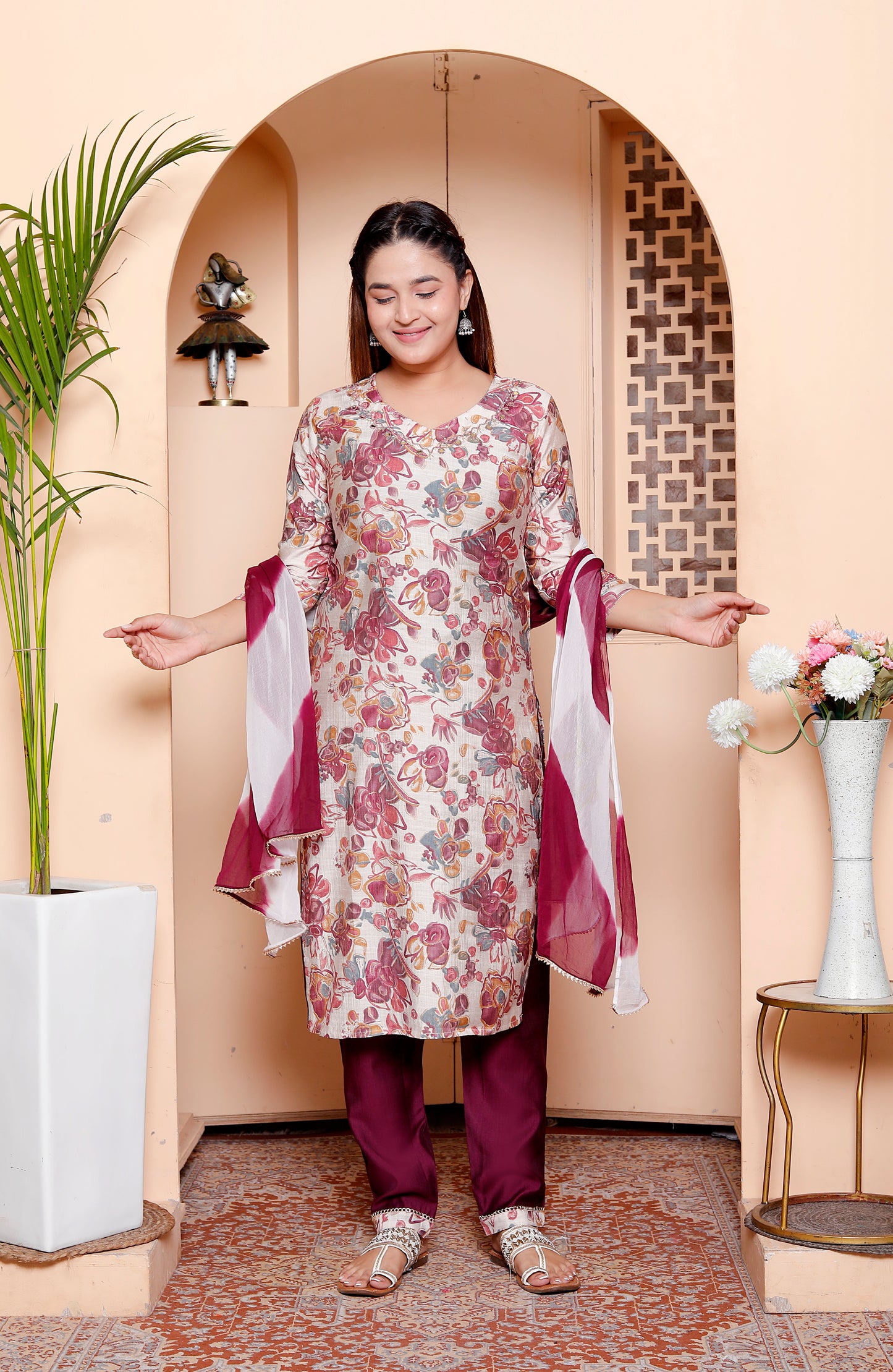 Vibrant Maroon Embellished Handwork Suit Set