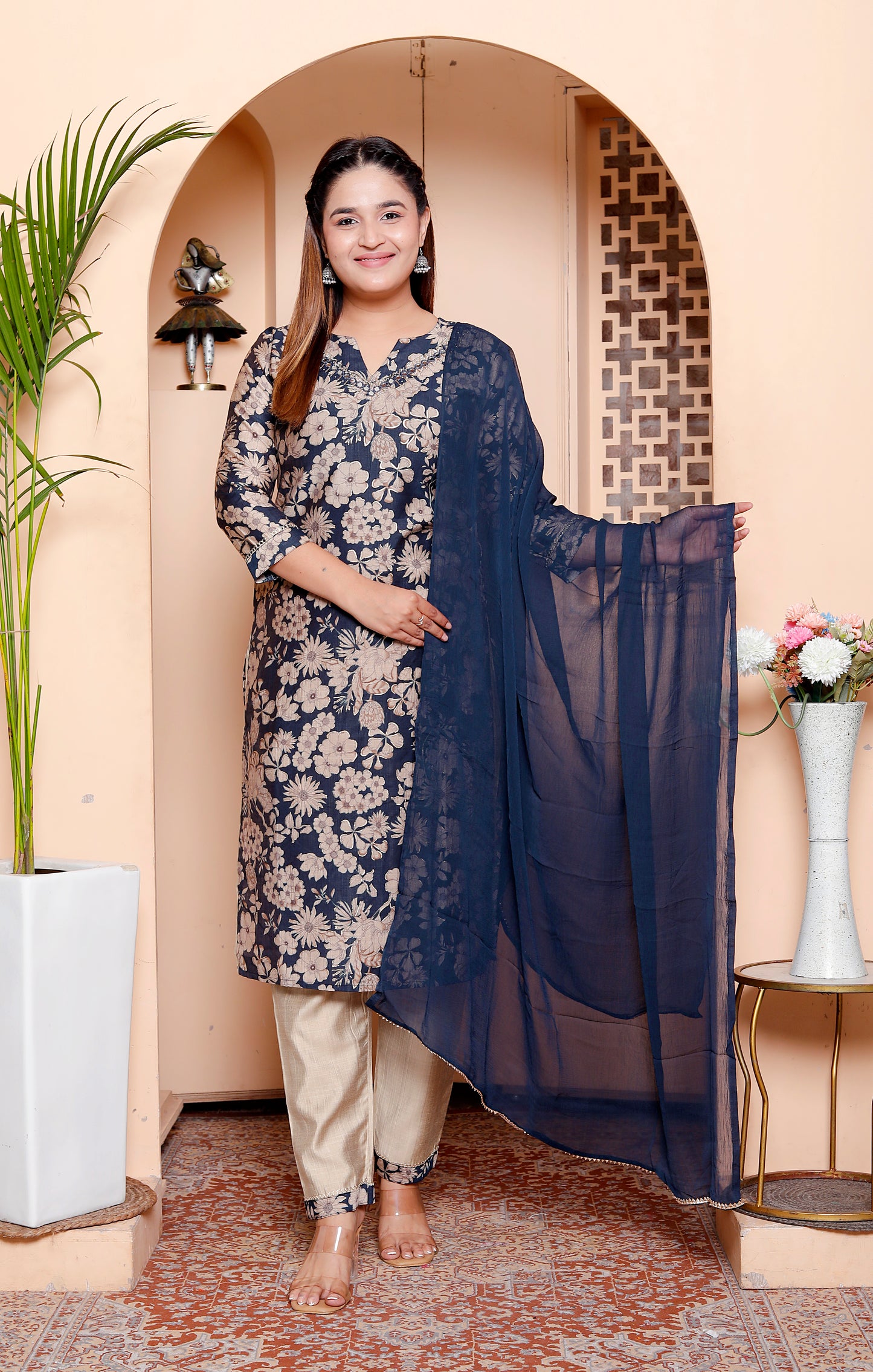 Elegant Navy Blue & Beige Floral Print Straight Kurta Set with Chiffon Dupatta