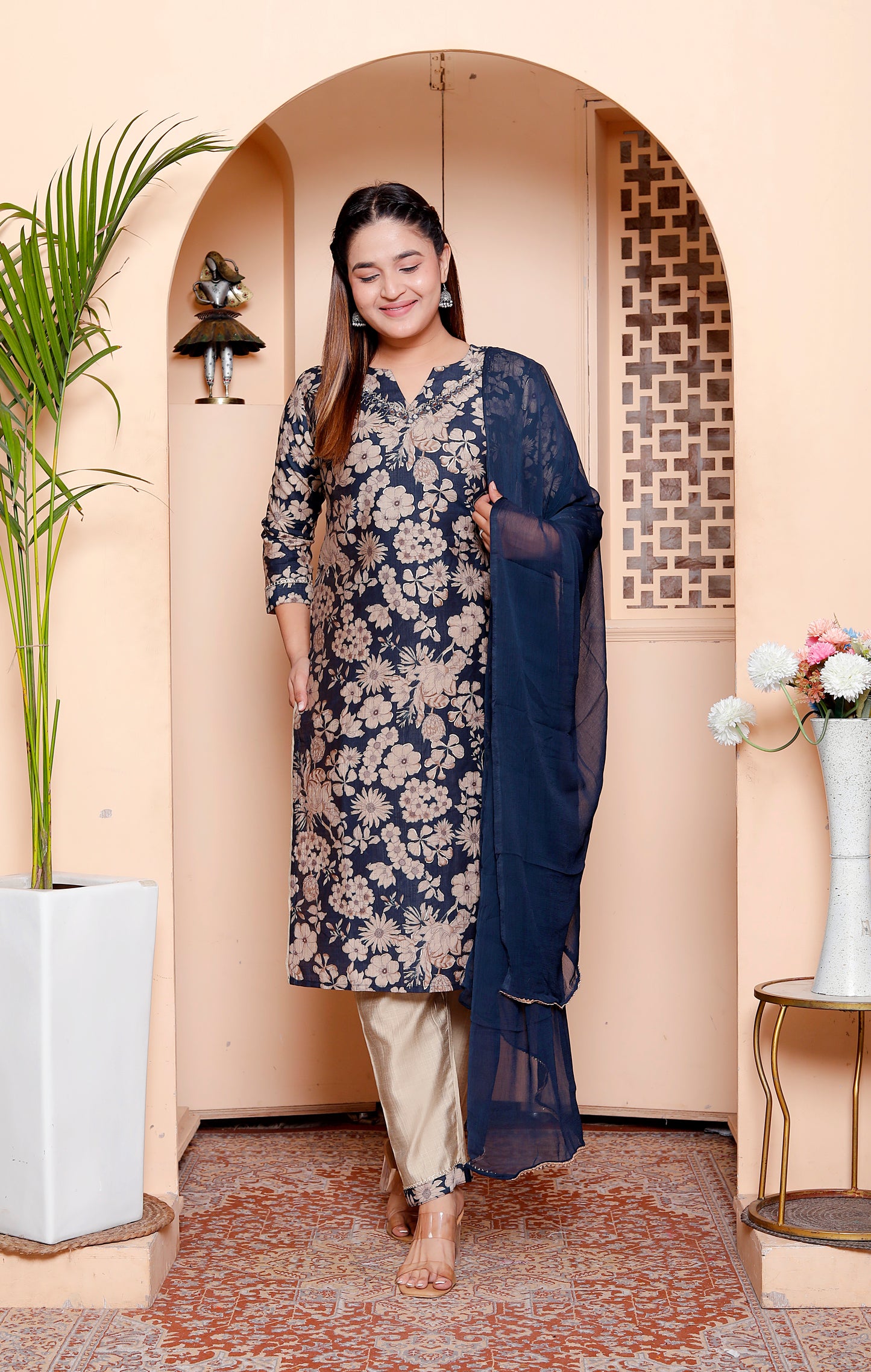 Elegant Navy Blue & Beige Floral Print Straight Kurta Set with Chiffon Dupatta