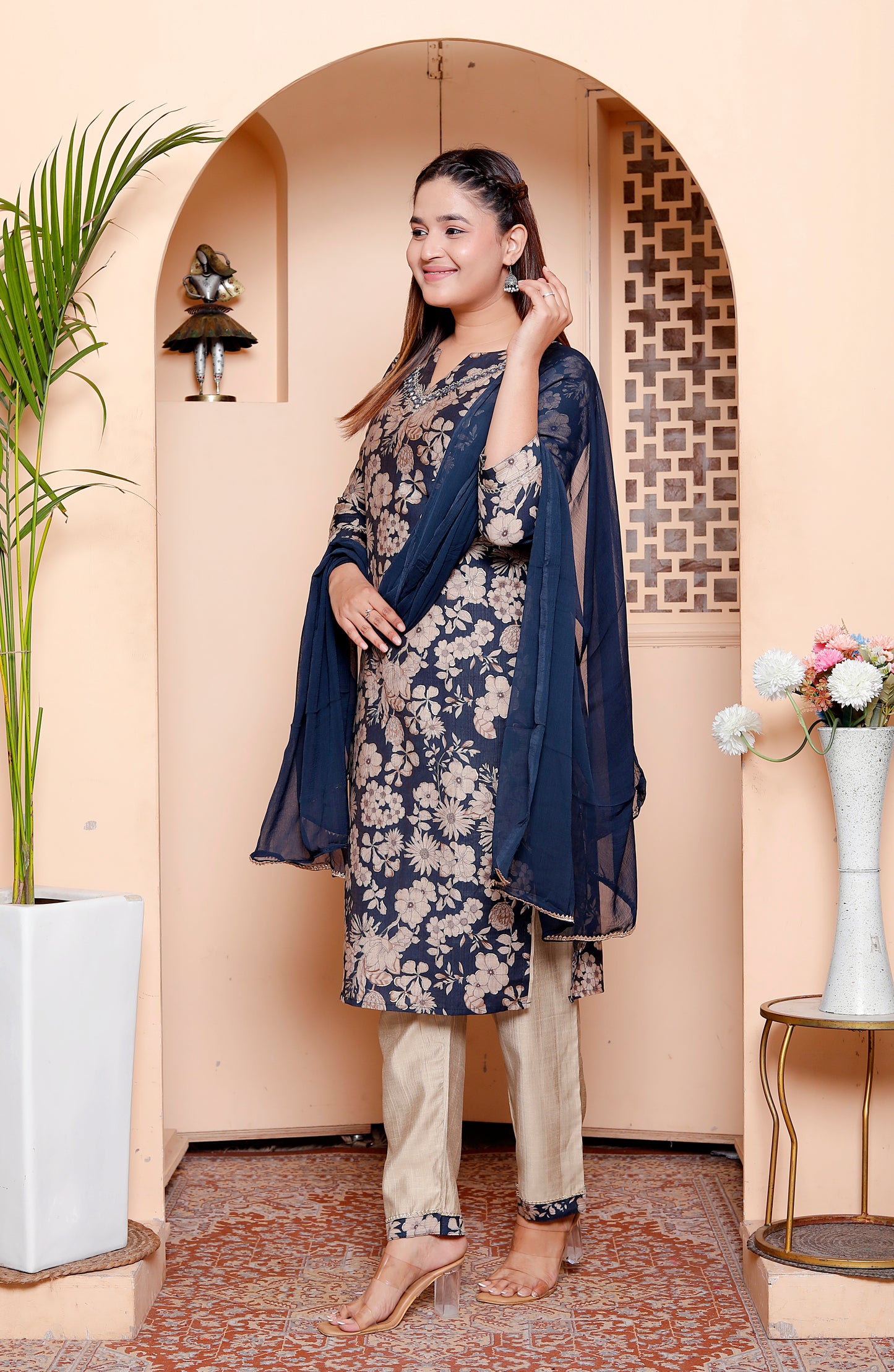 Elegant Navy Blue & Beige Floral Print Straight Kurta Set with Chiffon Dupatta