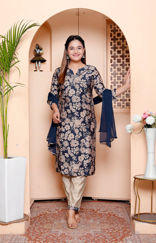 Elegant Navy Blue & Beige Floral Print Straight Kurta Set with Chiffon Dupatta