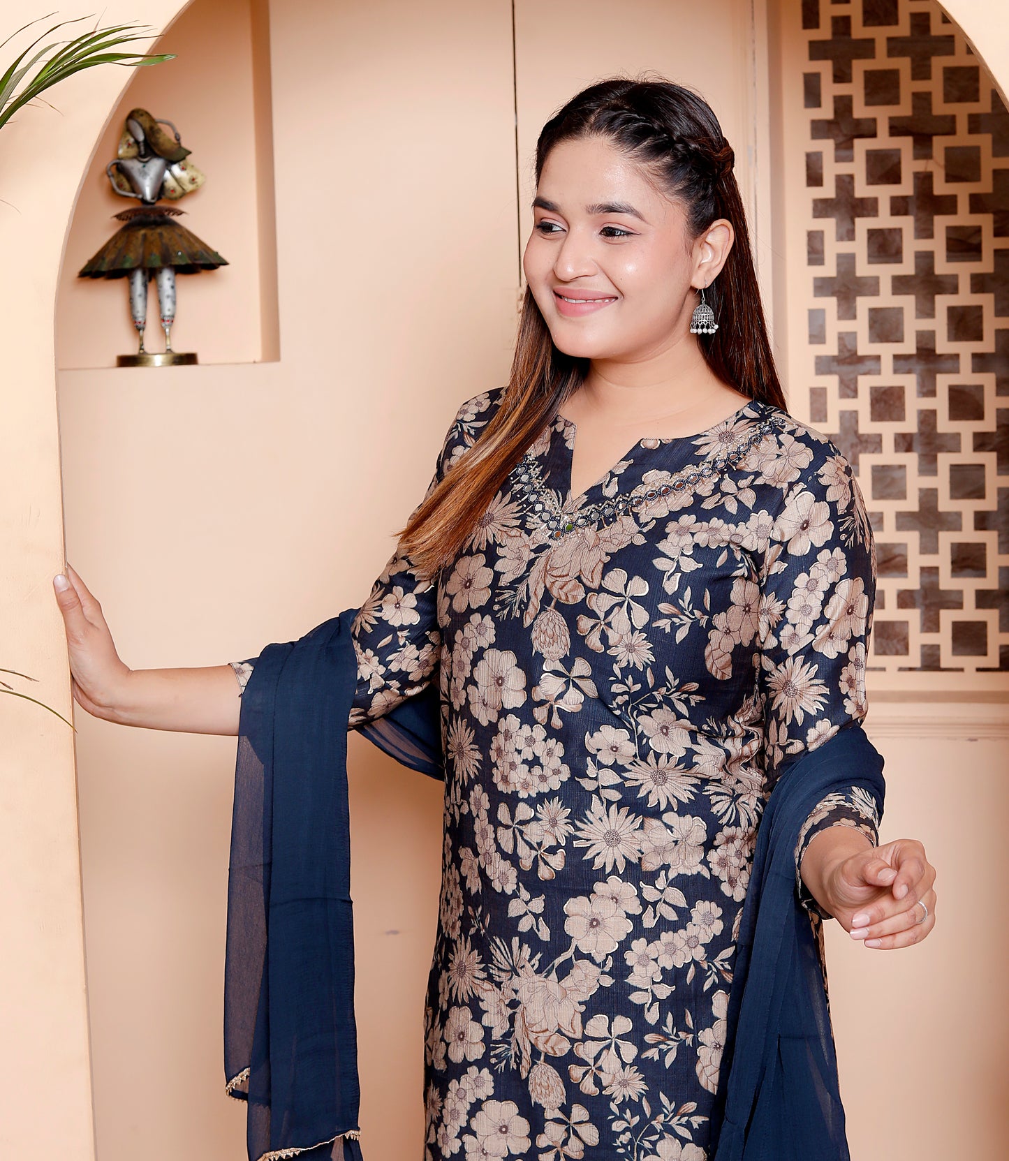 Elegant Navy Blue & Beige Floral Print Straight Kurta Set with Chiffon Dupatta