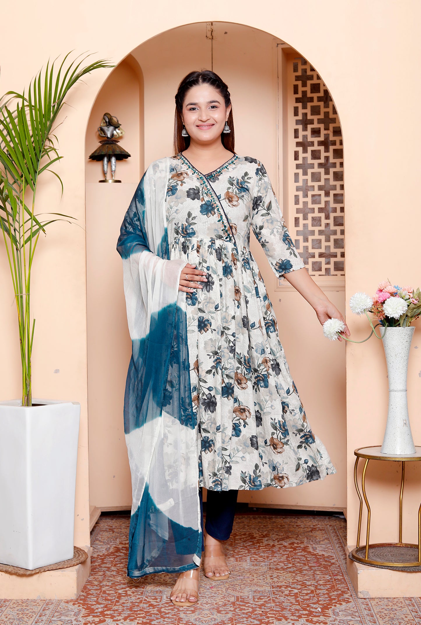 Rayon Floral Print Angrakha Anarkali Kurta Set with Dupatta & Solid Pants