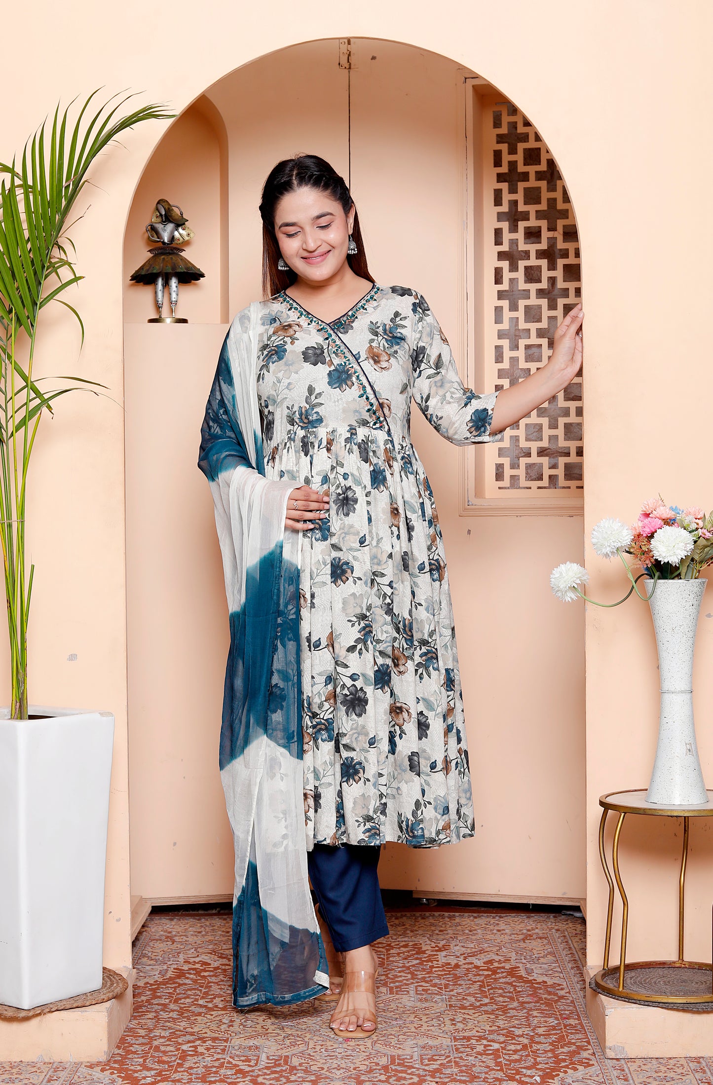 Rayon Floral Print Angrakha Anarkali Kurta Set with Dupatta & Solid Pants
