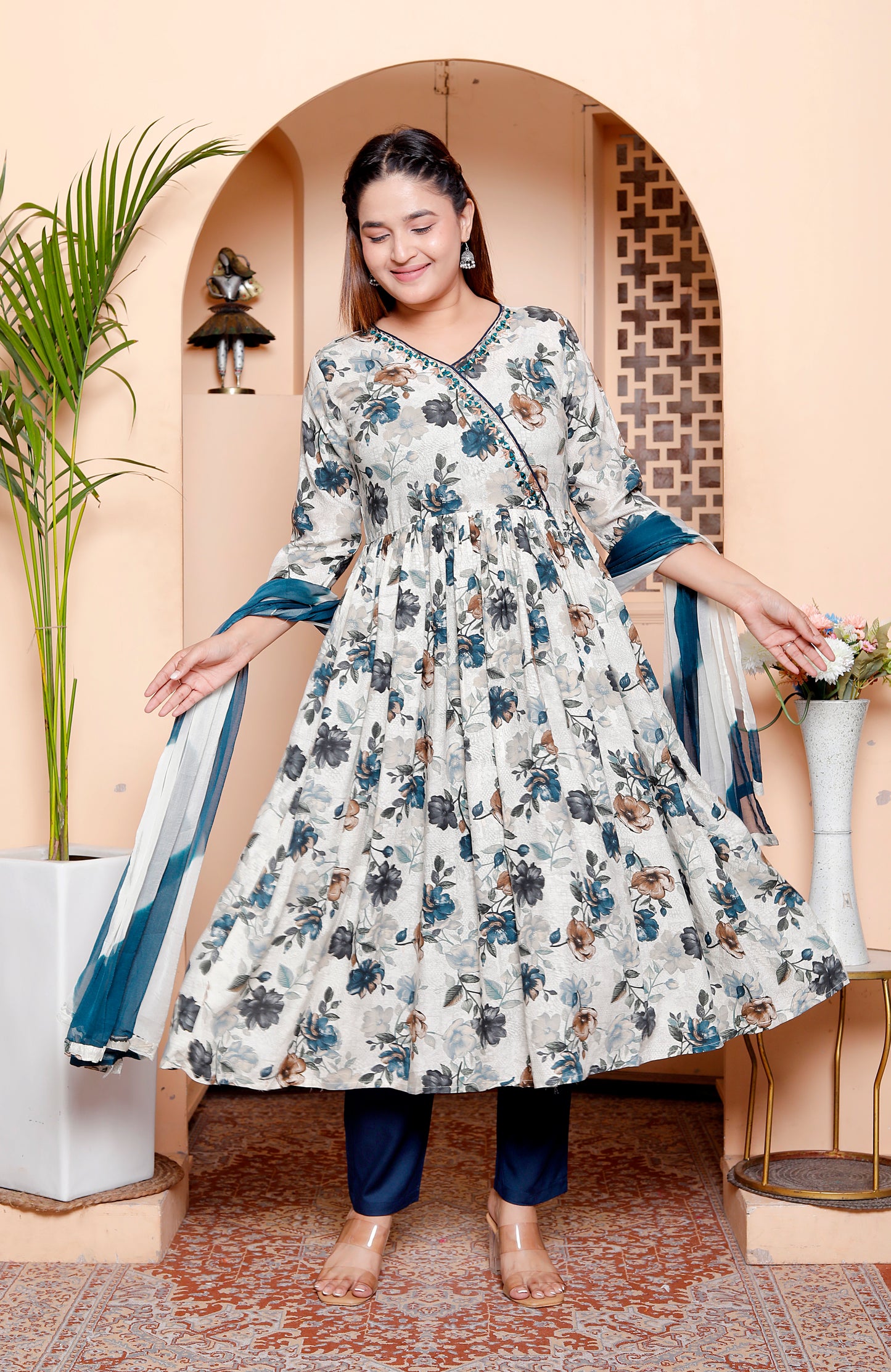 Rayon Floral Print Angrakha Anarkali Kurta Set with Dupatta & Solid Pants