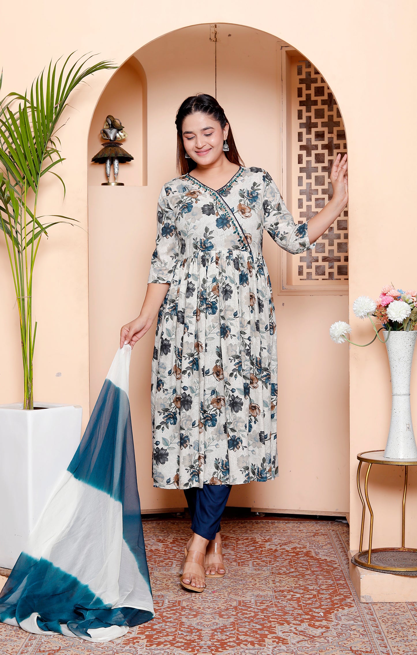 Rayon Floral Print Angrakha Anarkali Kurta Set with Dupatta & Solid Pants