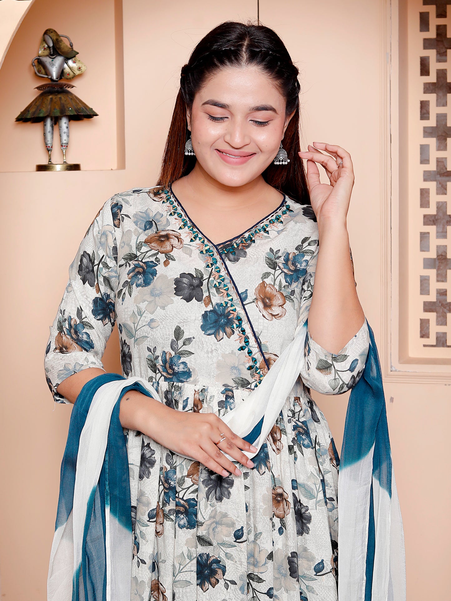 Rayon Floral Print Angrakha Anarkali Kurta Set with Dupatta & Solid Pants