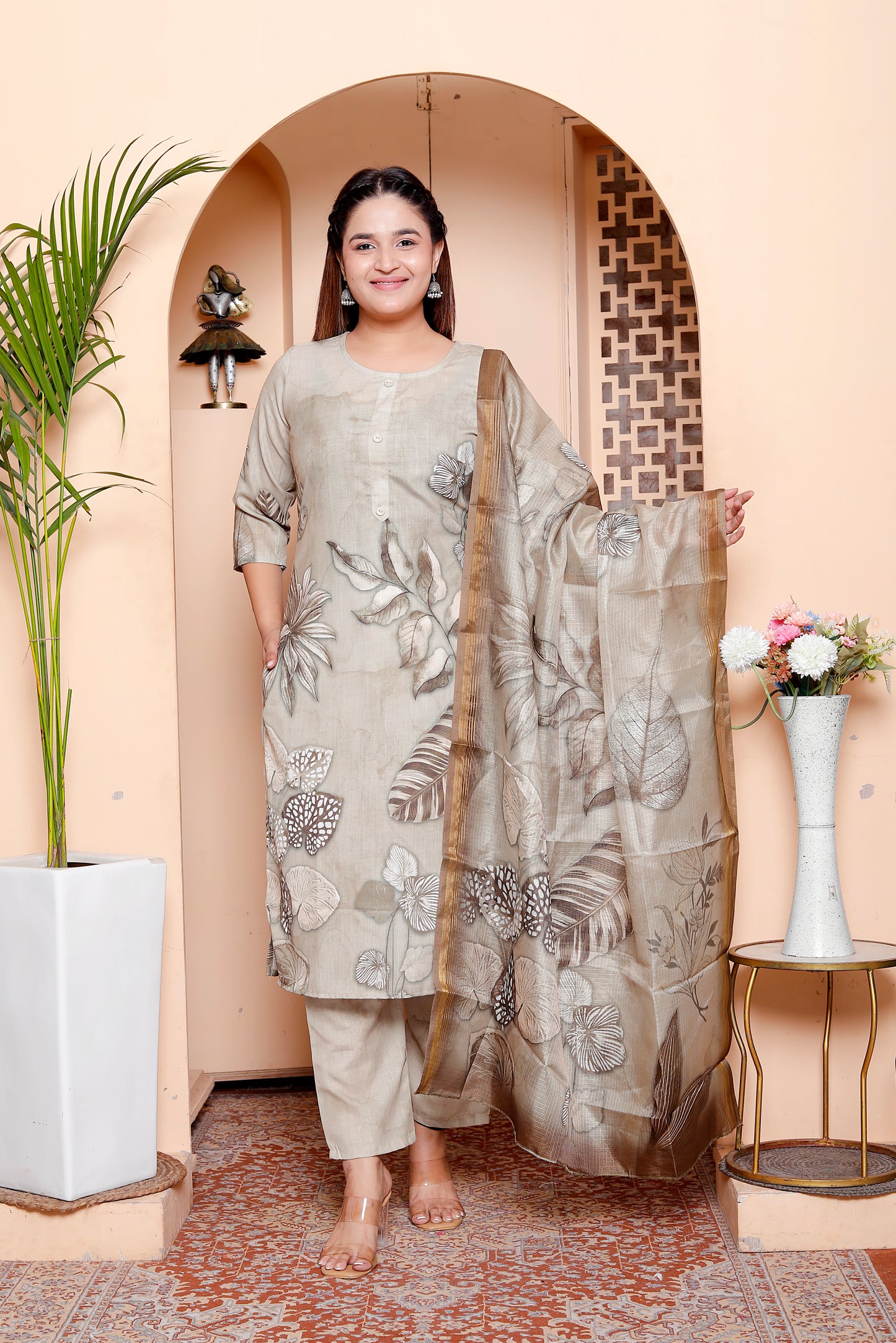 Green Cotton Placement Print Kurta Set