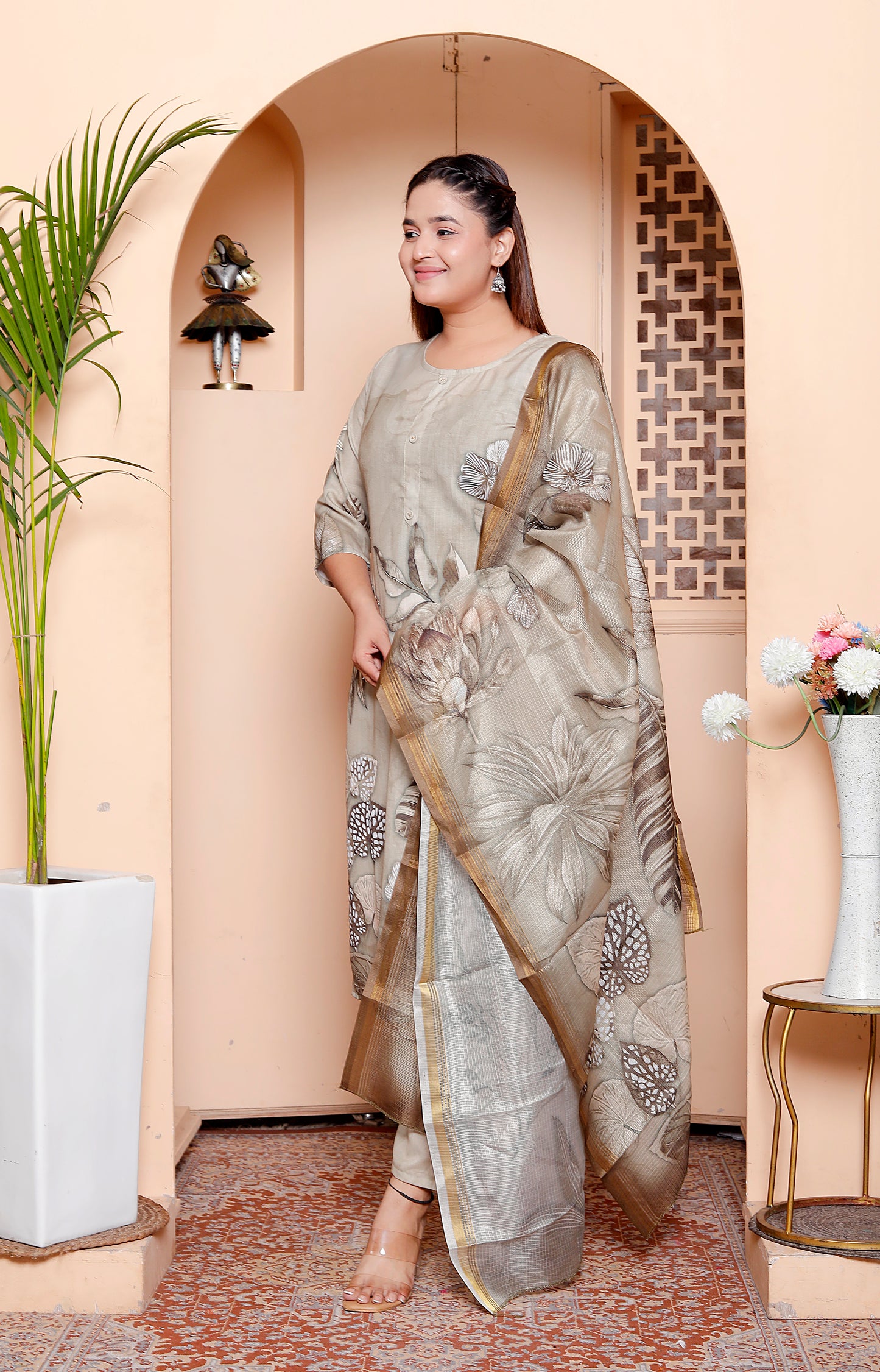 Green Cotton Placement Print Kurta Set