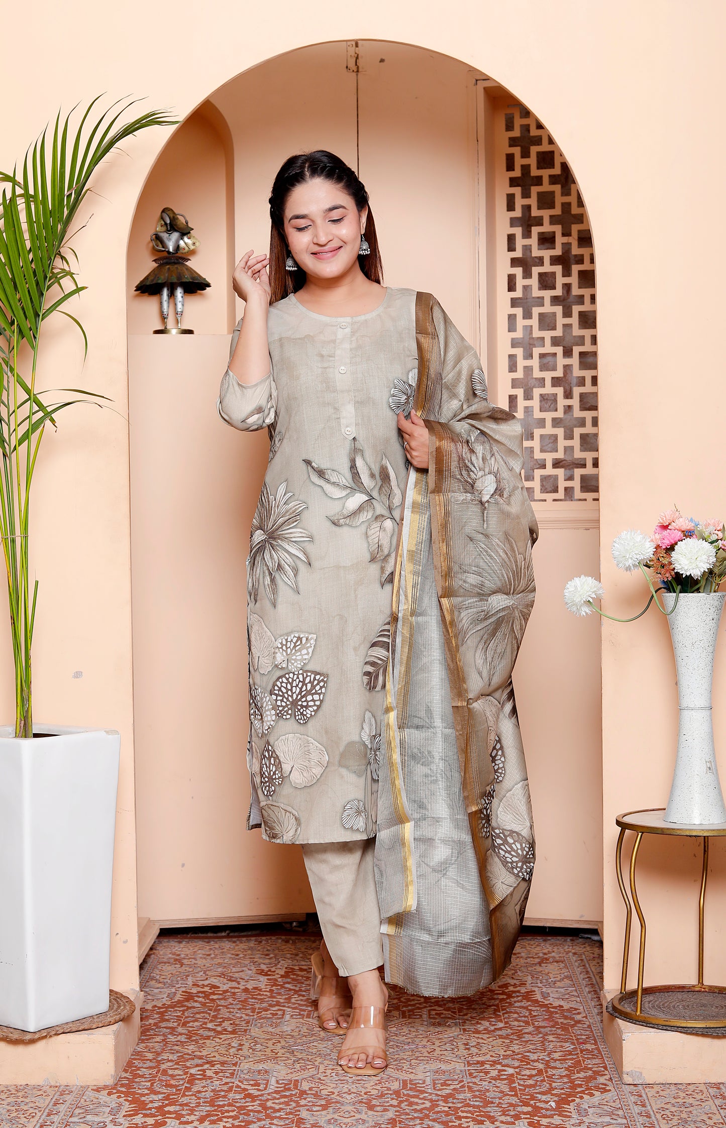 Green Cotton Placement Print Kurta Set