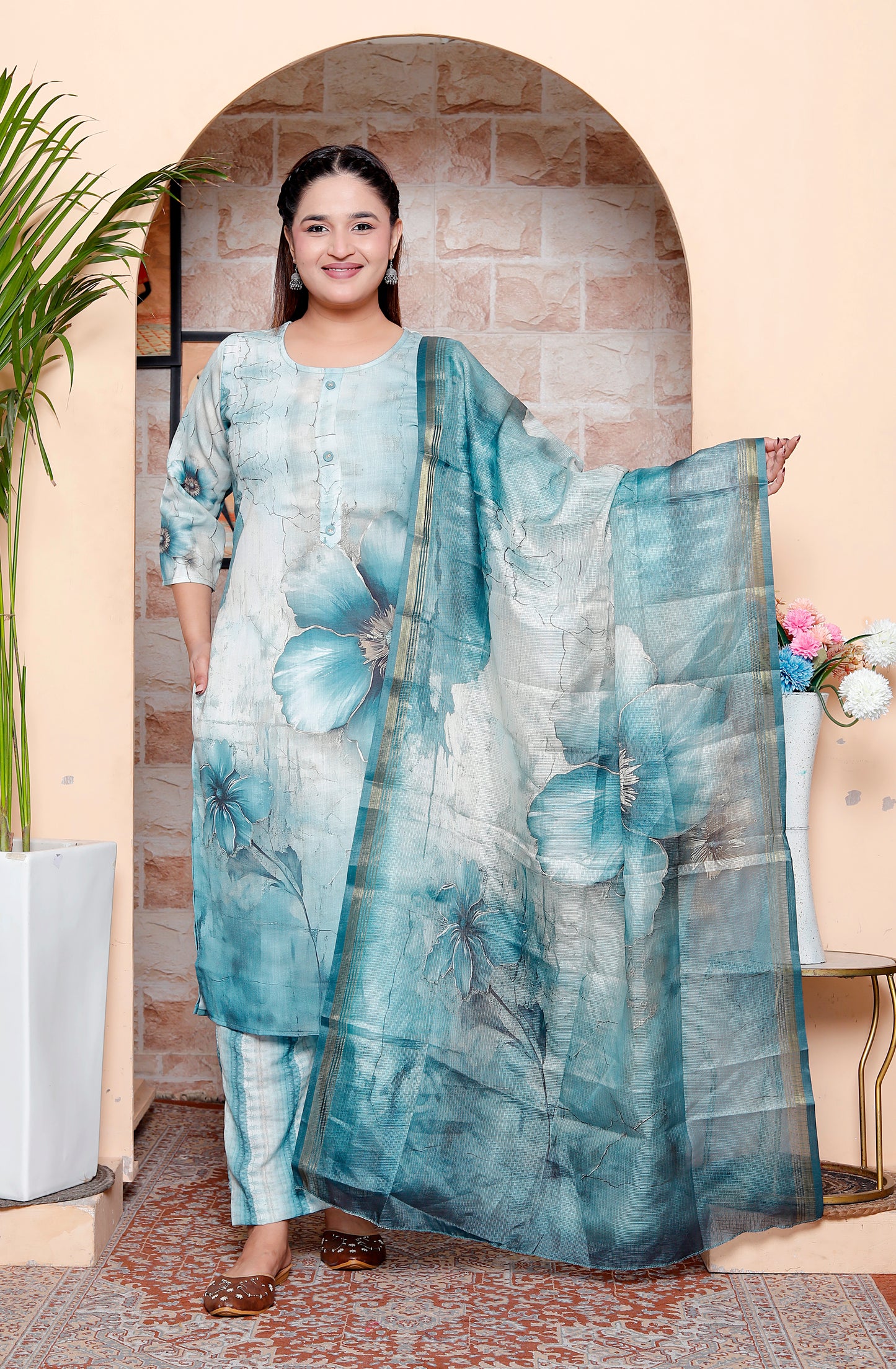 Aqua Blue Cotton Placement Print Kurta Set