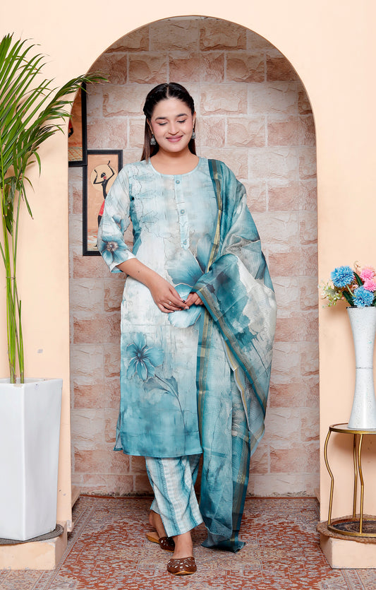 Aqua Blue Cotton Placement Print Kurta Set