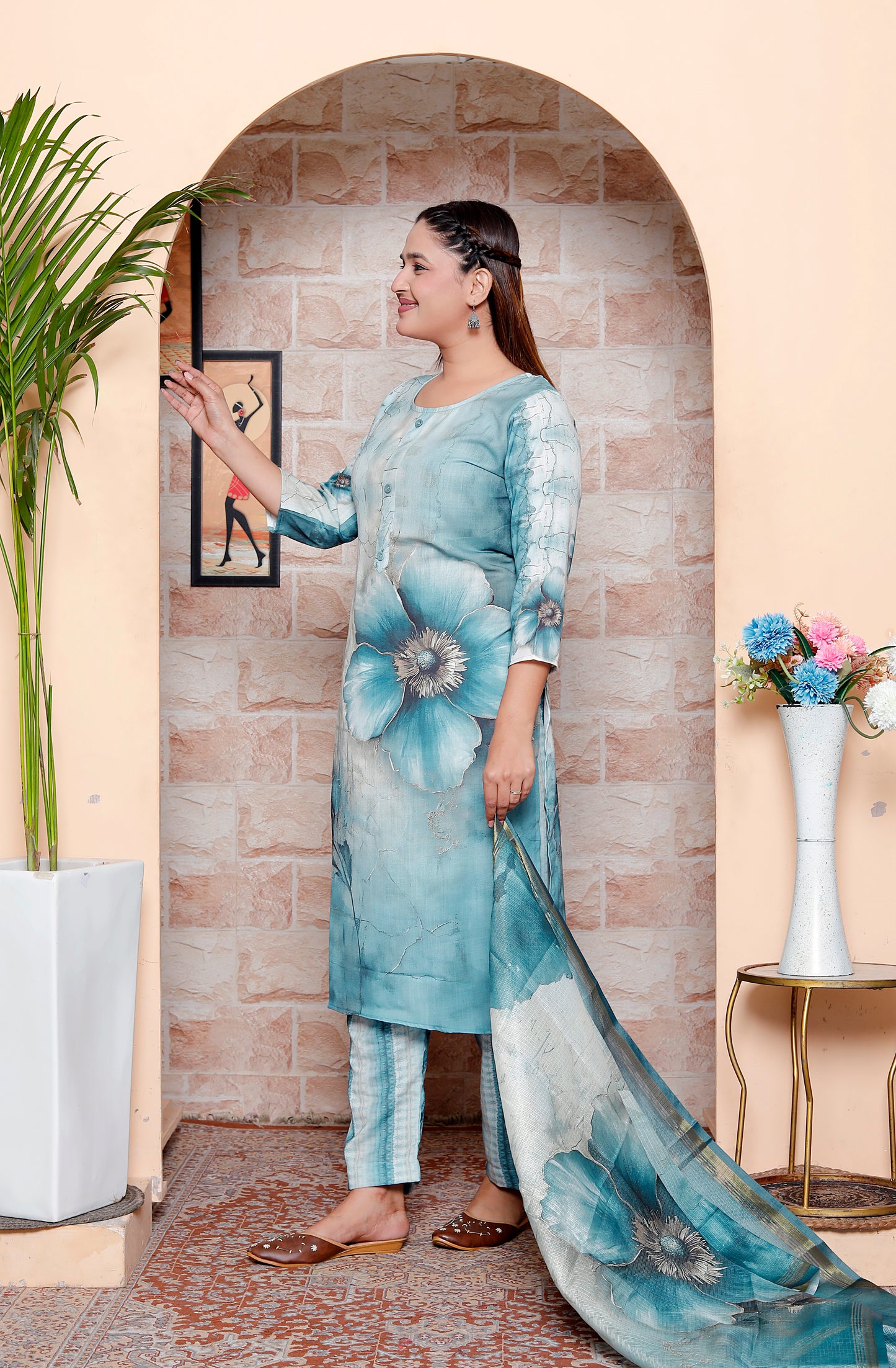 Aqua Blue Cotton Placement Print Kurta Set