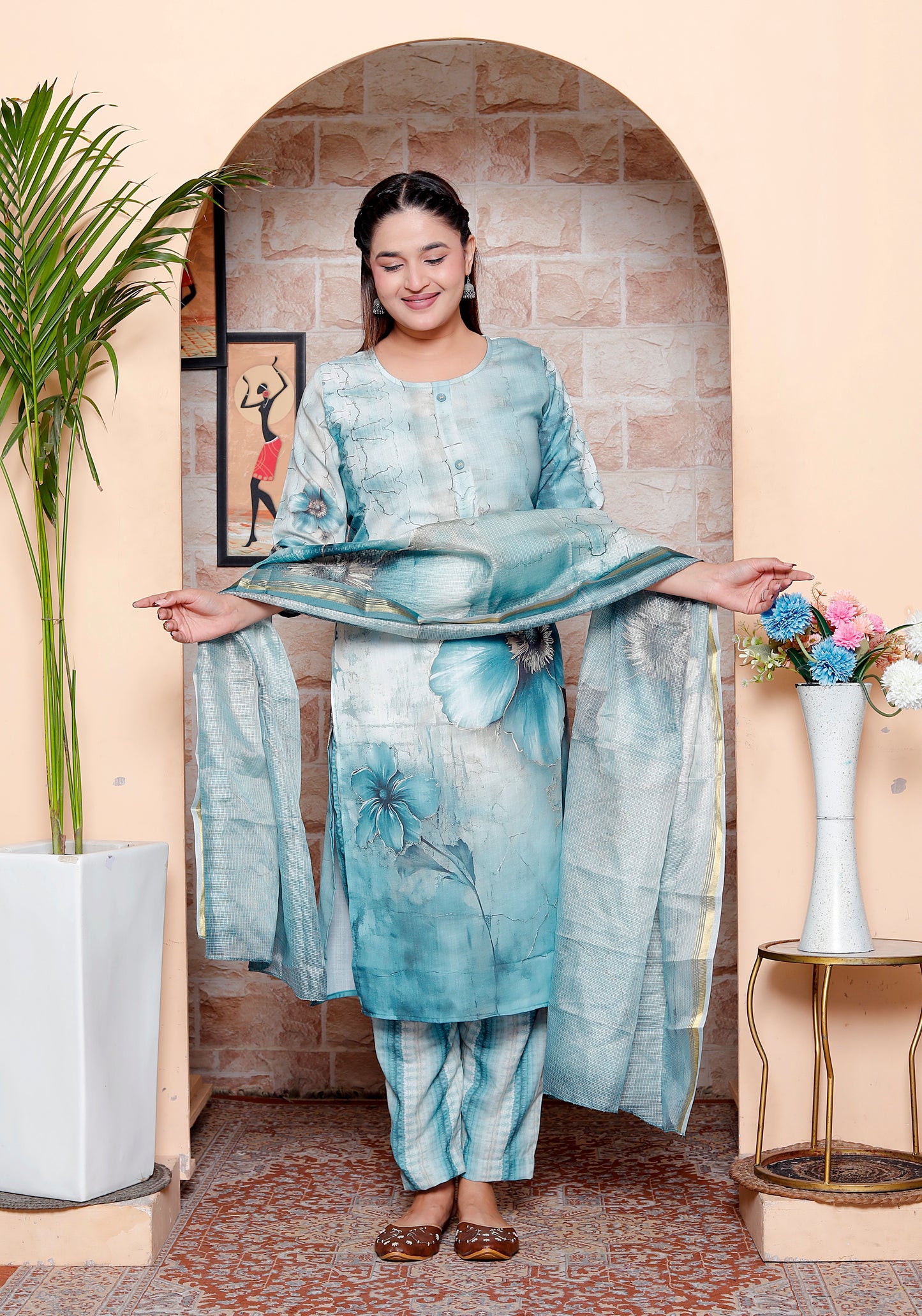 Aqua Blue Cotton Placement Print Kurta Set