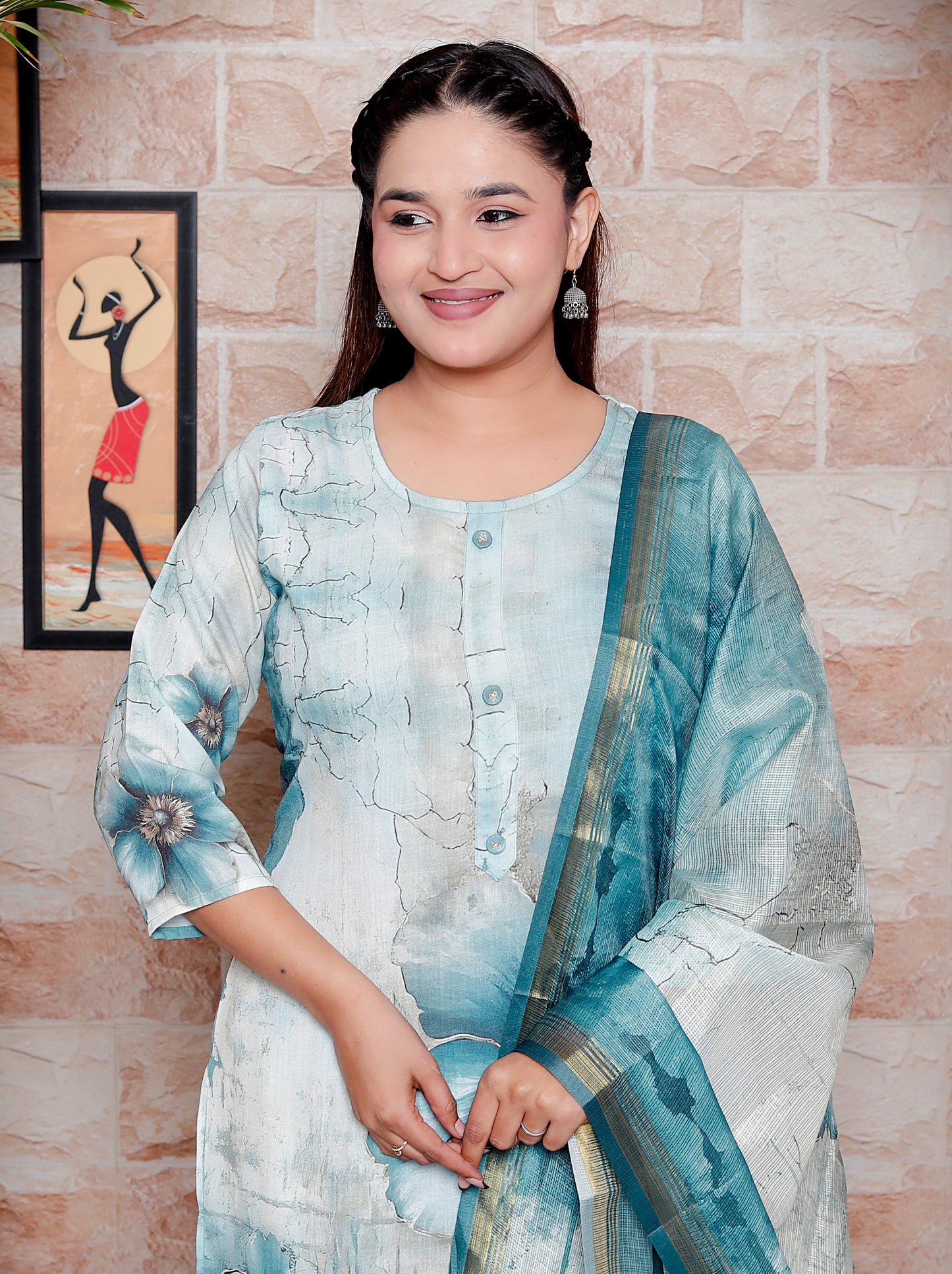 Aqua Blue Cotton Placement Print Kurta Set