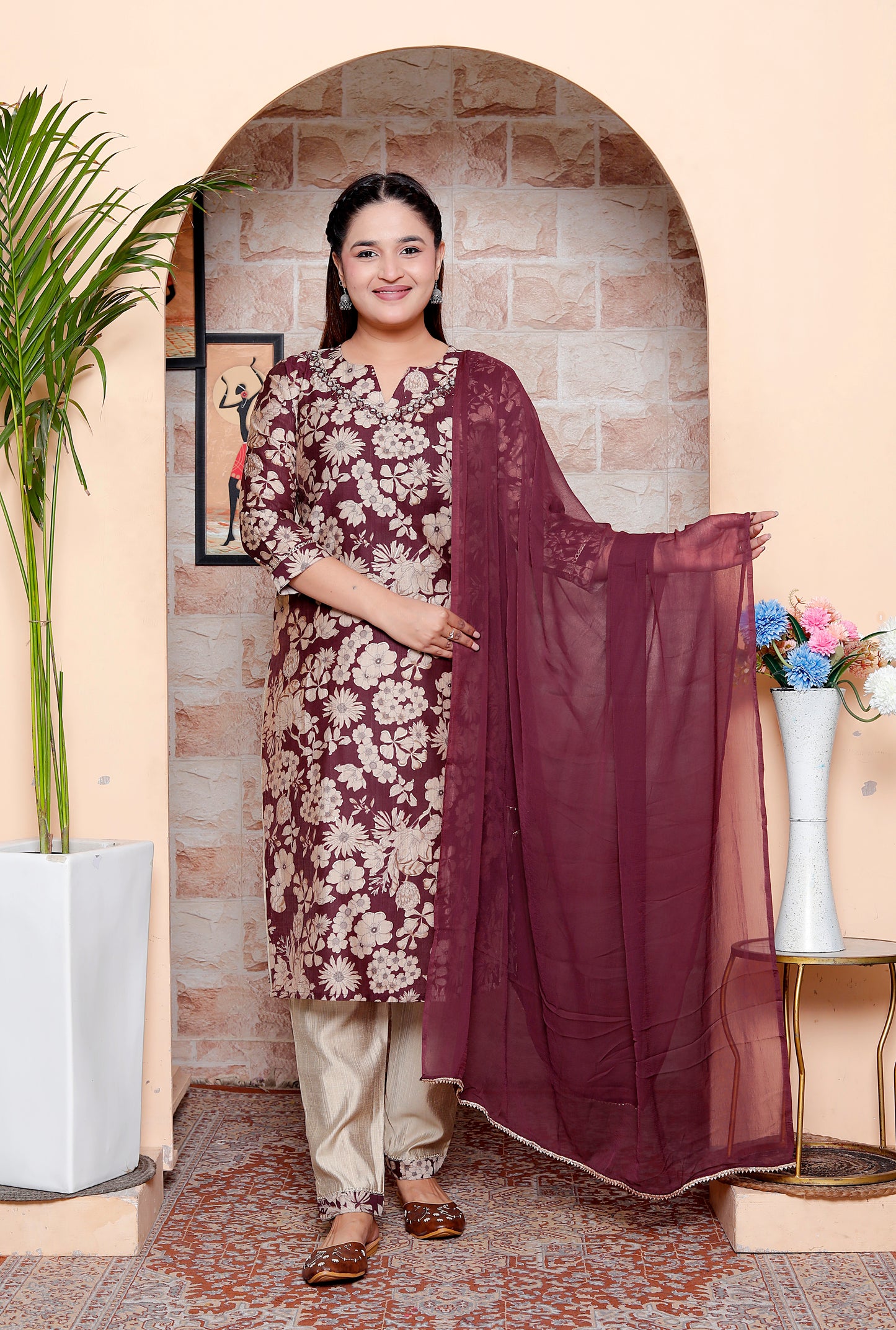Elegant Navy Maroon & Beige Floral Print Straight Kurta Set with Chiffon Dupatta