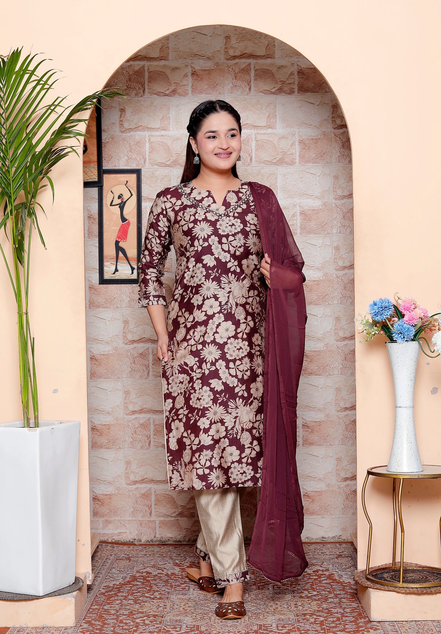 Elegant Navy Maroon & Beige Floral Print Straight Kurta Set with Chiffon Dupatta