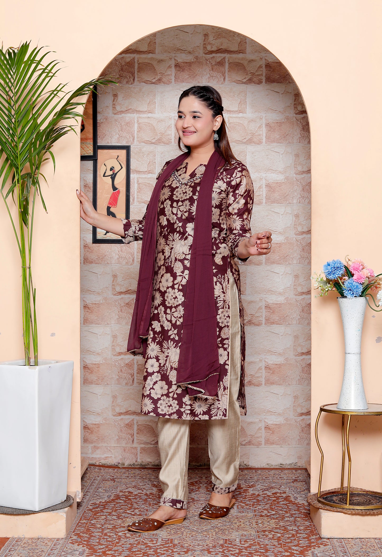 Elegant Navy Maroon & Beige Floral Print Straight Kurta Set with Chiffon Dupatta