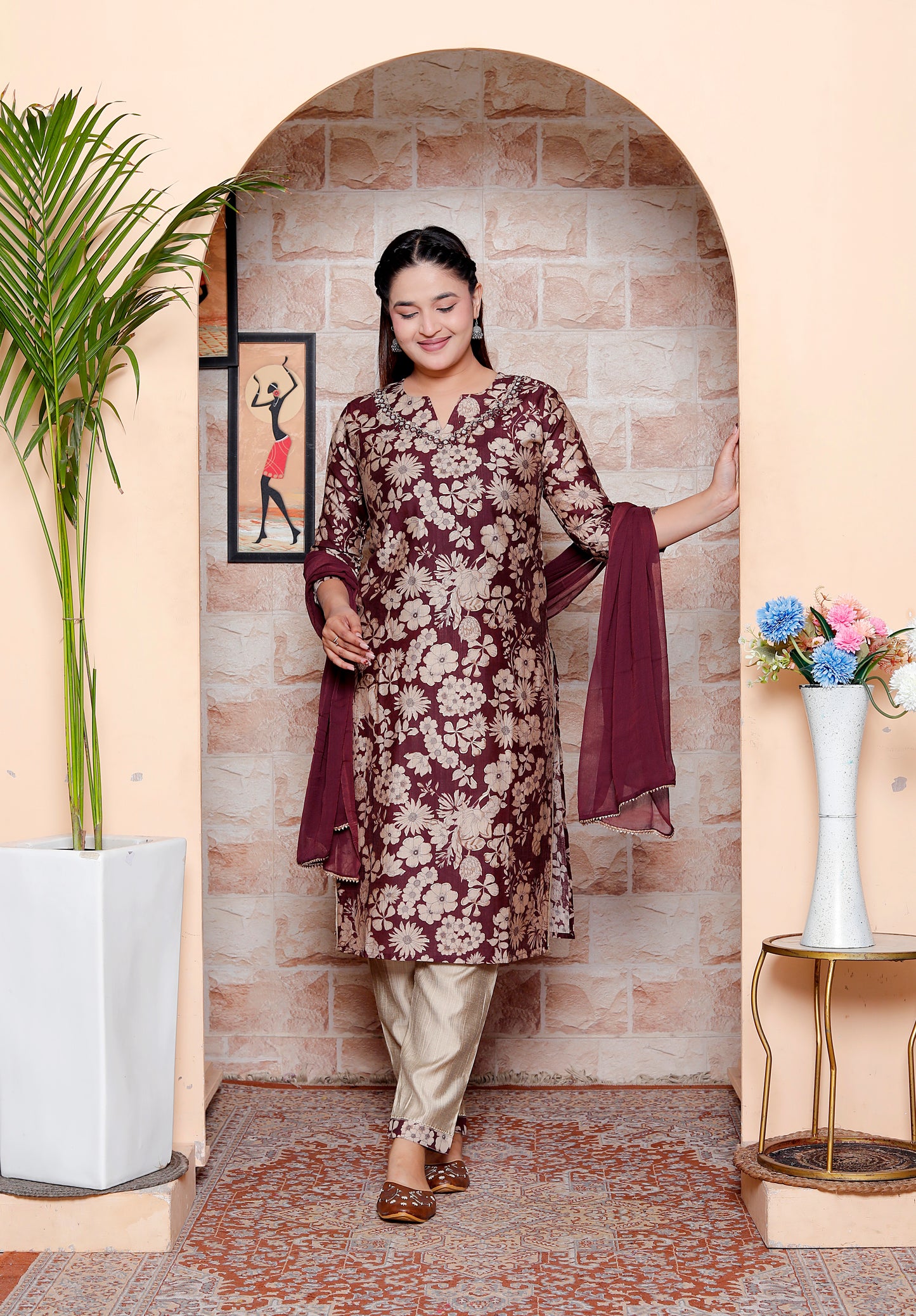 Elegant Navy Maroon & Beige Floral Print Straight Kurta Set with Chiffon Dupatta