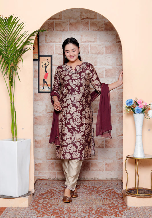 Elegant Navy Maroon & Beige Floral Print Straight Kurta Set with Chiffon Dupatta