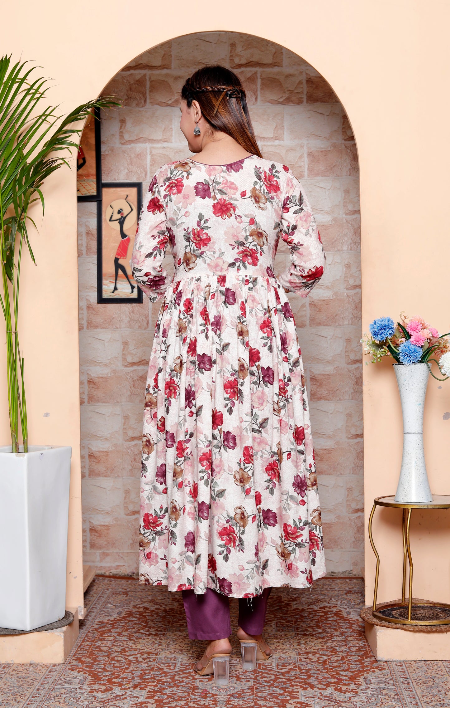 Rayon Maroon Floral Print Anarkali Kurta Set with Dupatta & Solid Pants