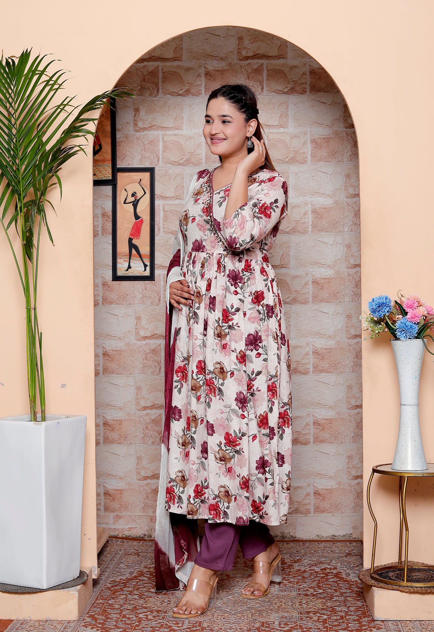 Rayon Maroon Floral Print Anarkali Kurta Set with Dupatta & Solid Pants