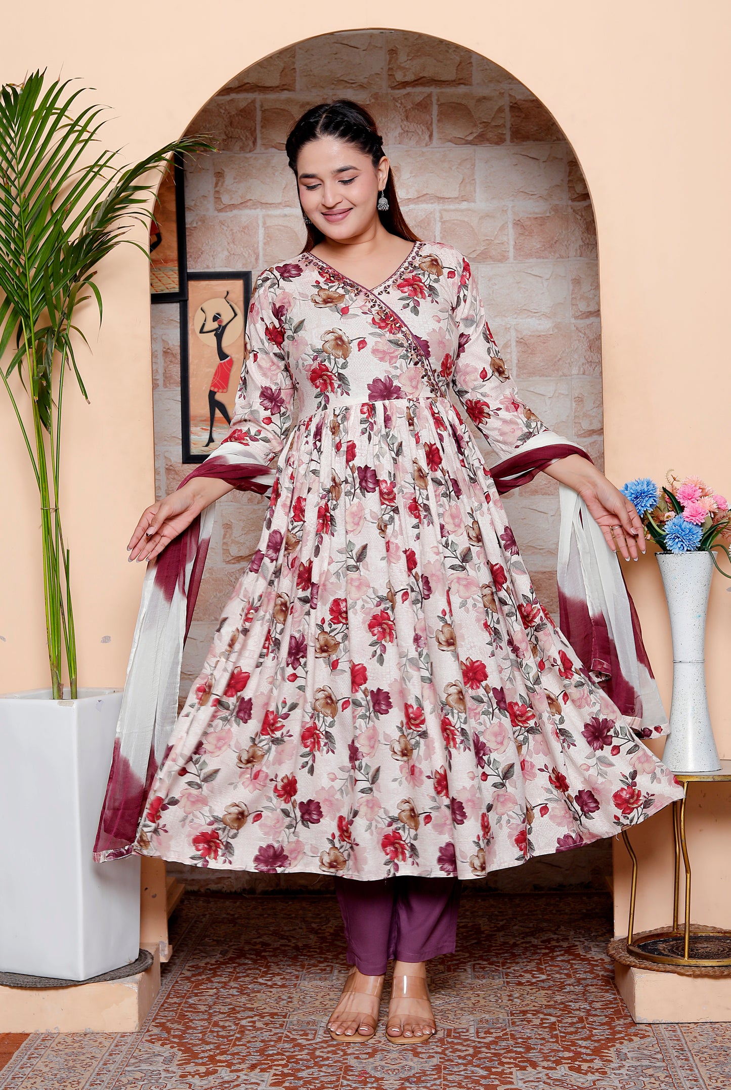 Rayon Maroon Floral Print Anarkali Kurta Set with Dupatta & Solid Pants