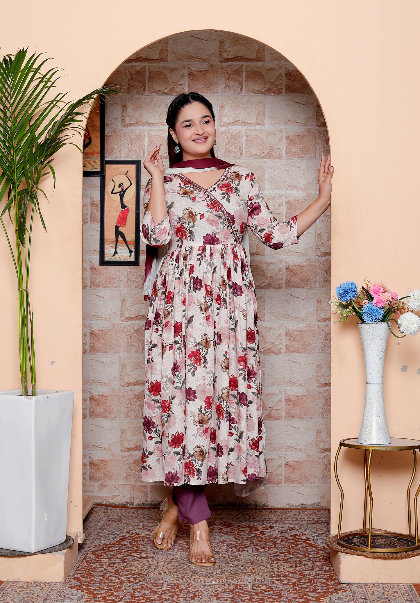 Rayon Maroon Floral Print Anarkali Kurta Set with Dupatta & Solid Pants