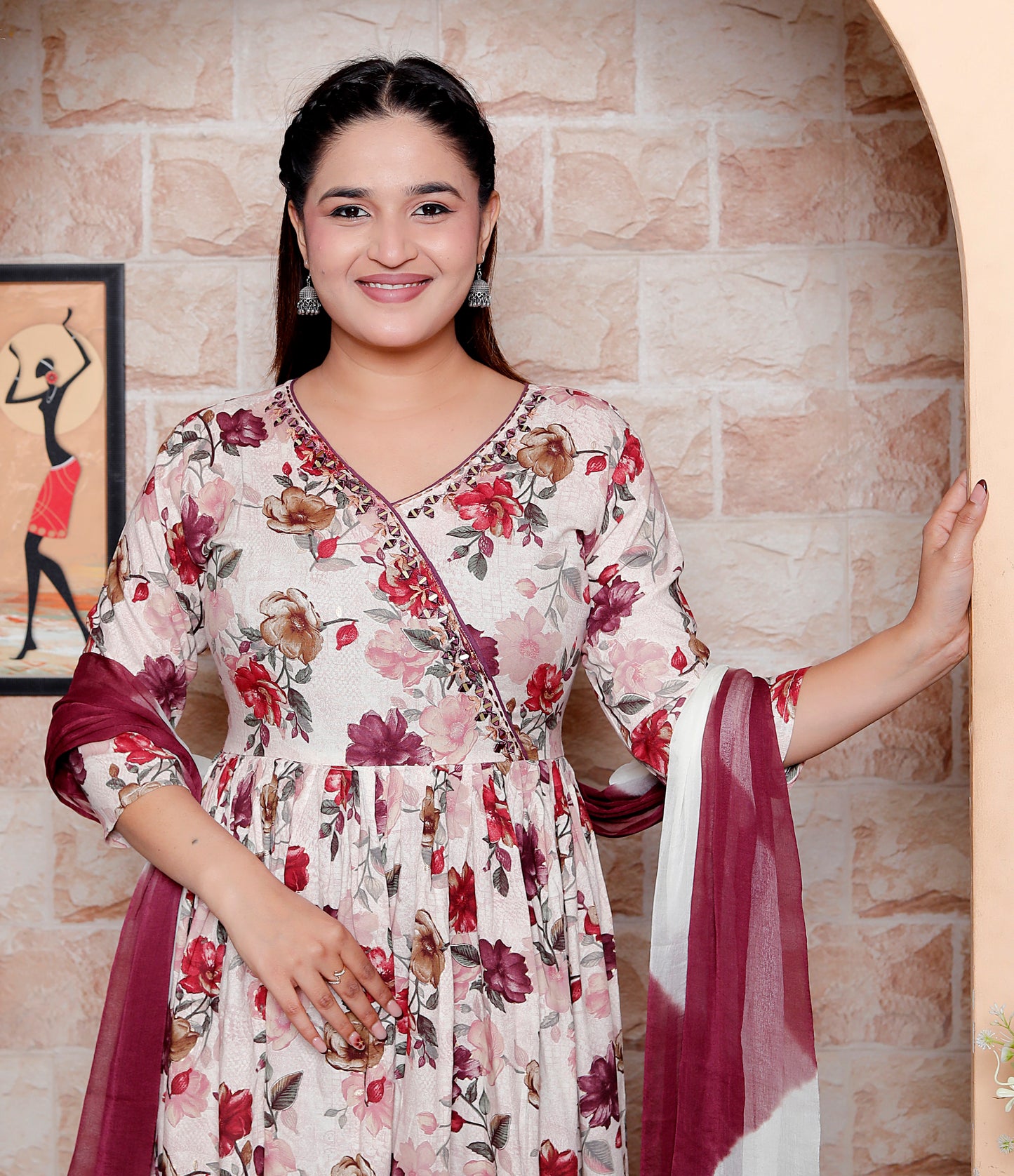 Rayon Maroon Floral Print Anarkali Kurta Set with Dupatta & Solid Pants