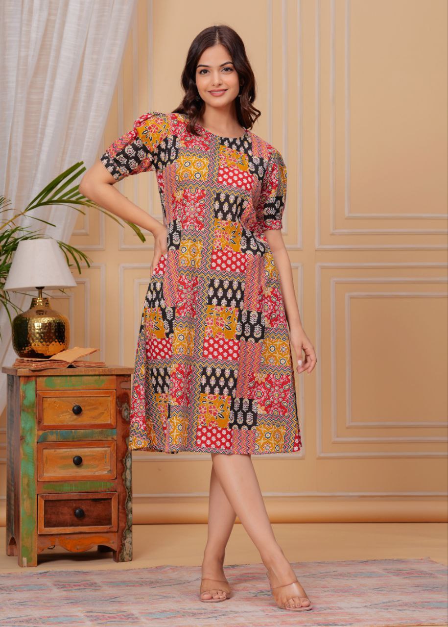 Women's Bohemian Patchwork Printed A-Line Dress Sundar Dhage Women's Bohemian Patchwork Printed A-Line Dress Sundar Dhage