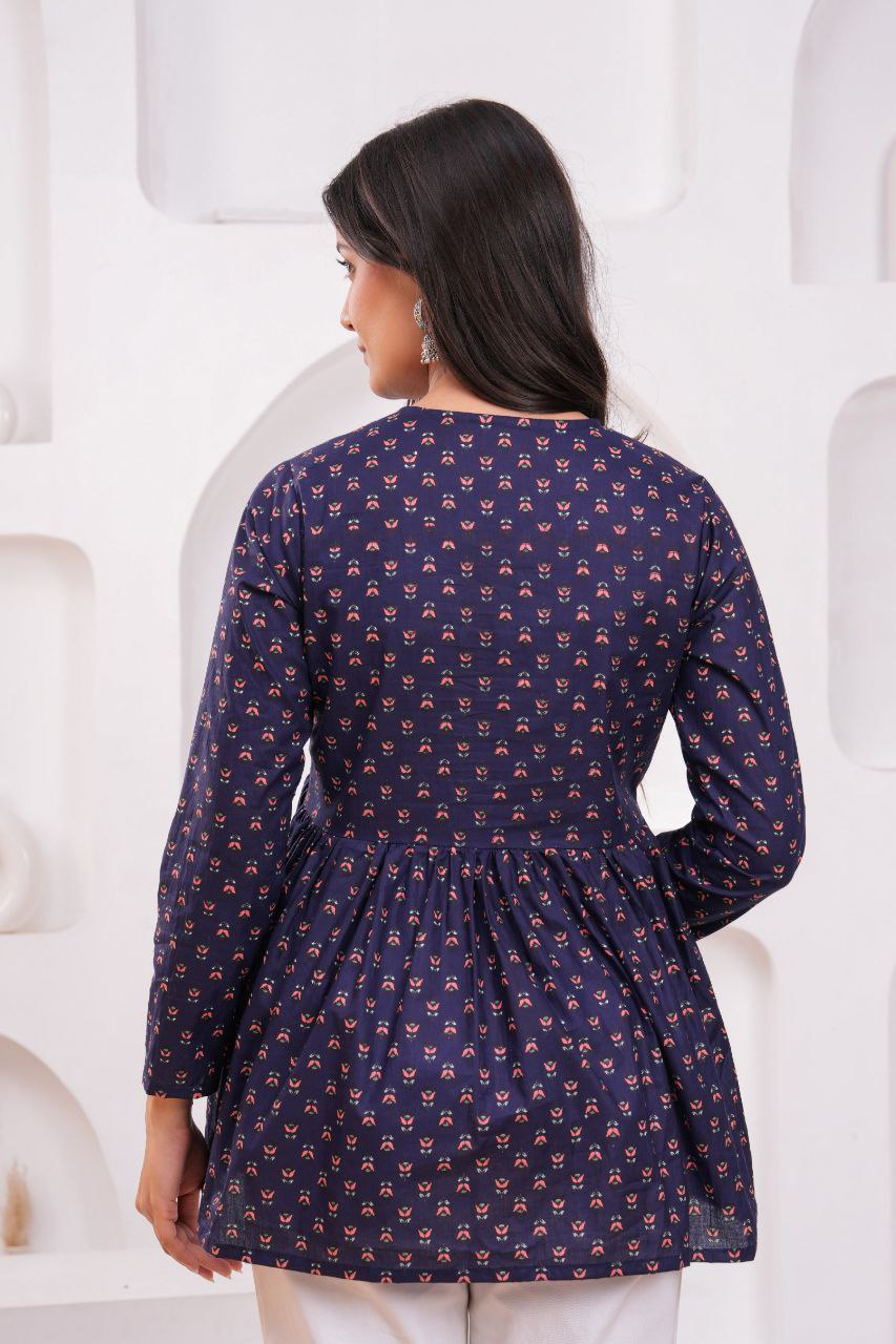 Cotton Charm Navy Printed Peplum Top